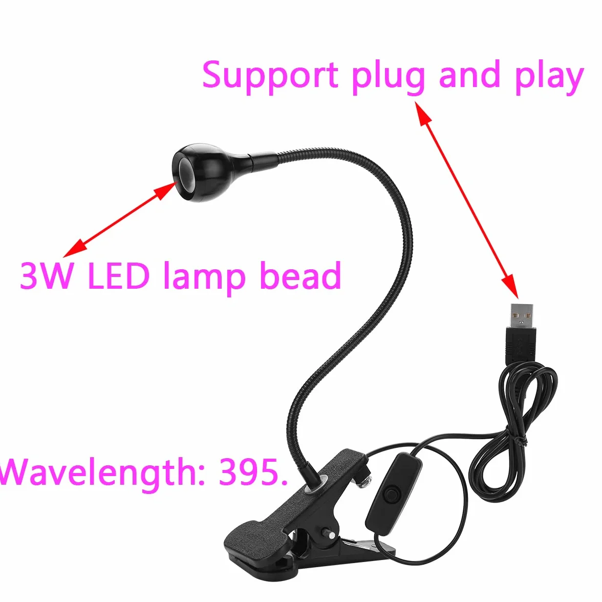 Fioletowa lampa świetlna, wielofunkcyjna, zasilana przez USB, 3 W, lampa klejąca UV z klipsem i przełącznikiem, elastyczne lampy na biurko 360°, do paznokci żelowych UV, naprawy PCB,
