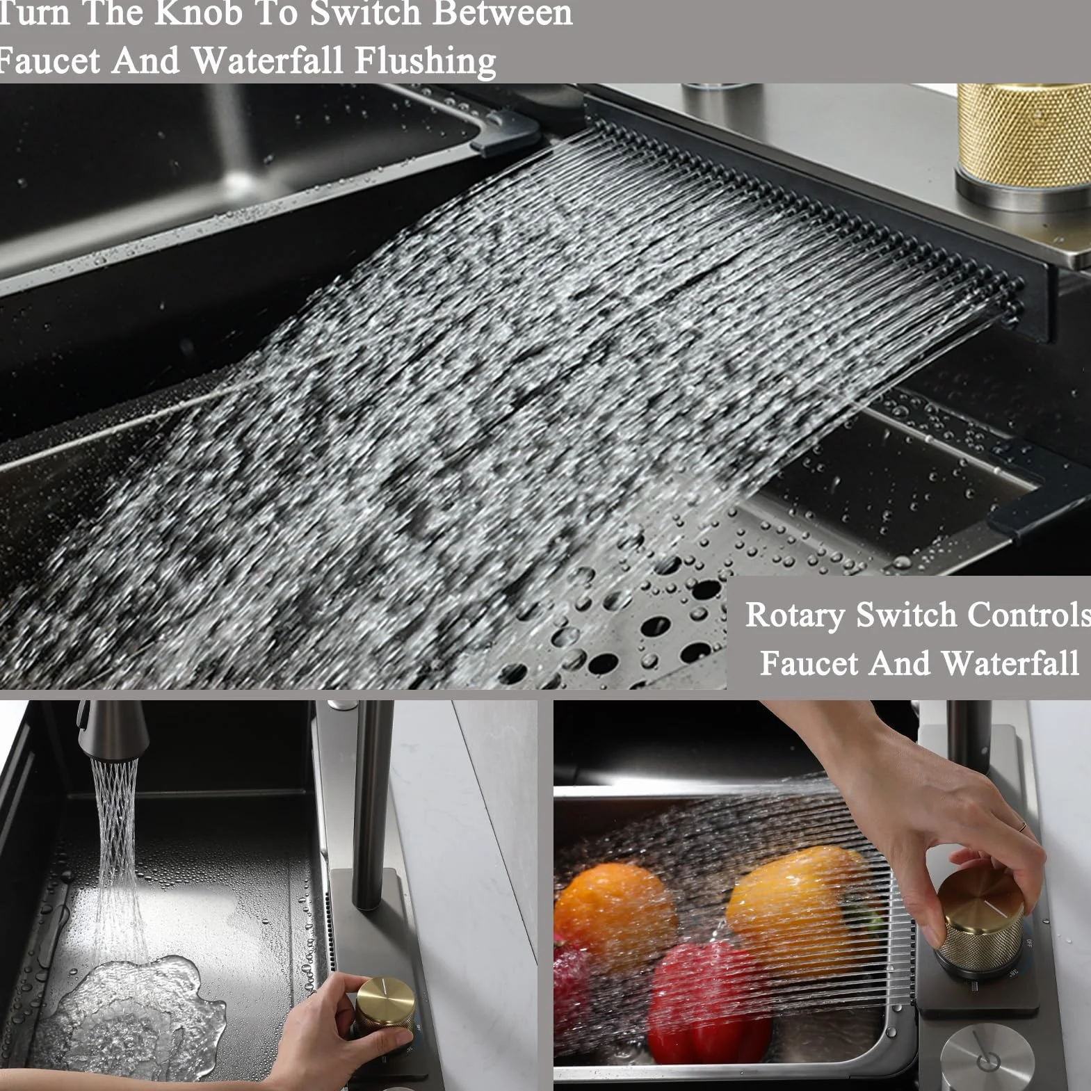 Waterfall Kitchen Sink Stainless Steel Top Mount Sink Black Nano Single Bowl Sink Multifunctional Workstation Sink With Pull-out Faucet, Glass Cup Washer, Drain Basin, Drainage Assembly(80x45x22cm)