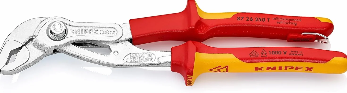 KNIPEX Cobra VDE Szczypce nastawne do rur nowej generacji, izolowane w blister chromowany z wielokomponentowymi nasadkami izolowanymi, 87 26 250 T BK