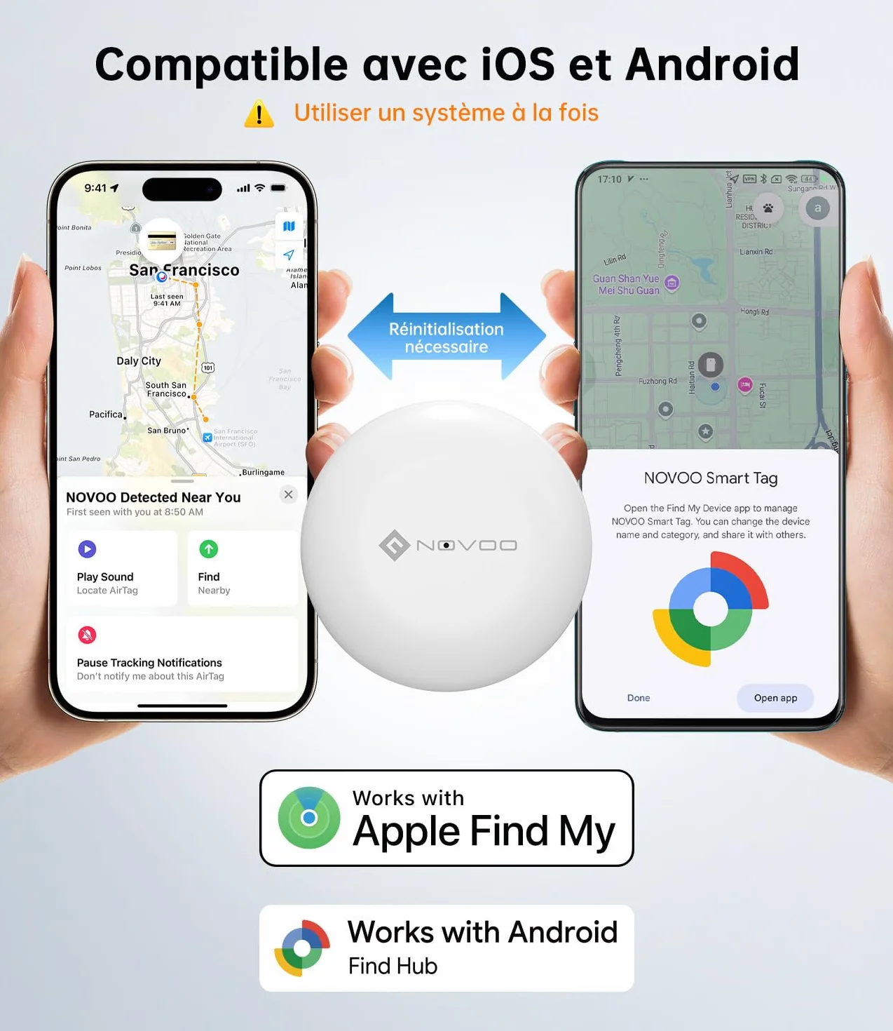 NOVOO Inteligentny tag Bluetooth kompatybilny z Apple & Google Find My, alarm 80dB, wodoodporny IPX5, wymienna bateria