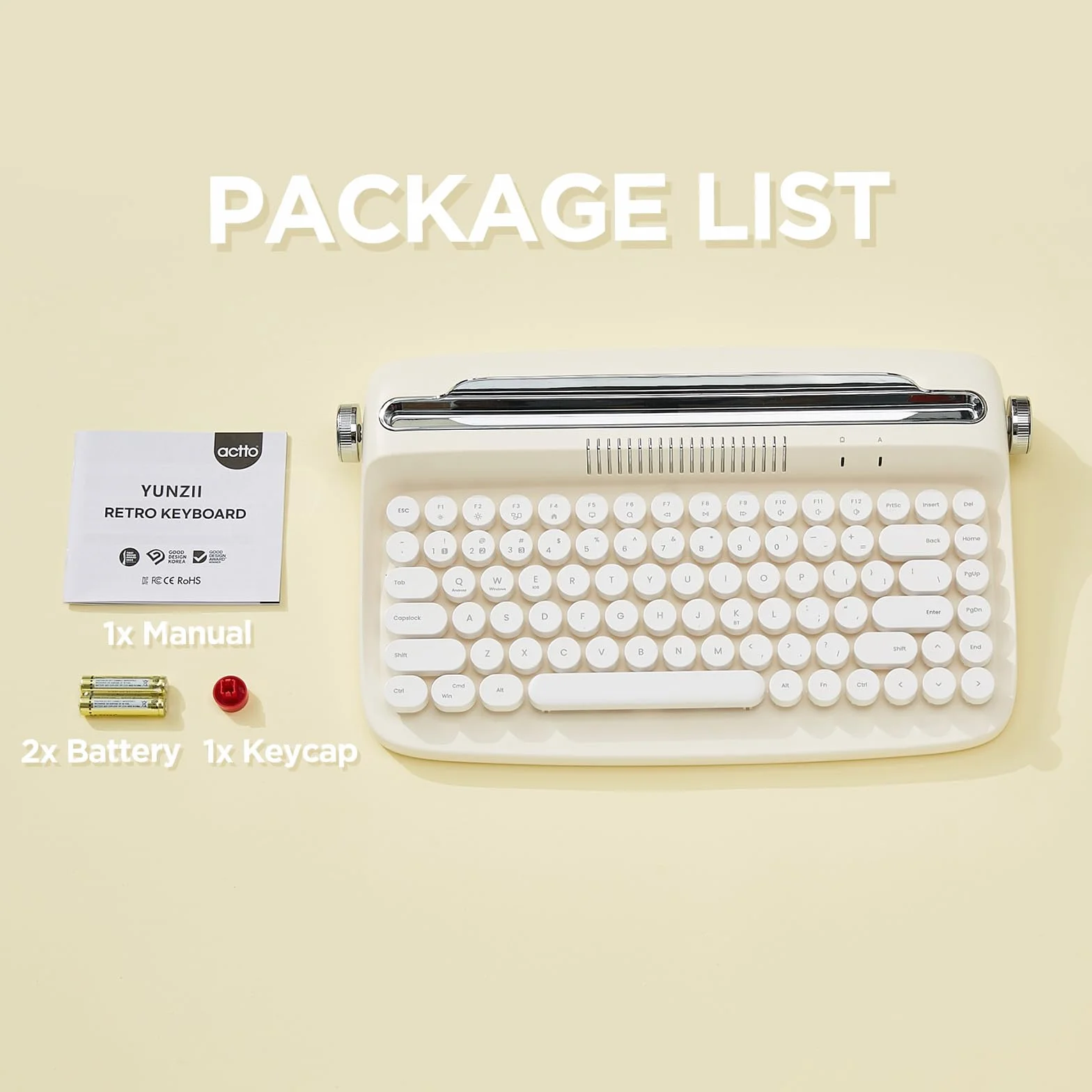 YUNZII ACTTO B303 bezprzewodowa klawiatura do pisania w stylu retro, klawiatura Bluetooth ze zintegrowanym stojakiem do wielu urządzeń, układ brytyjski (masło kości słoniowej)