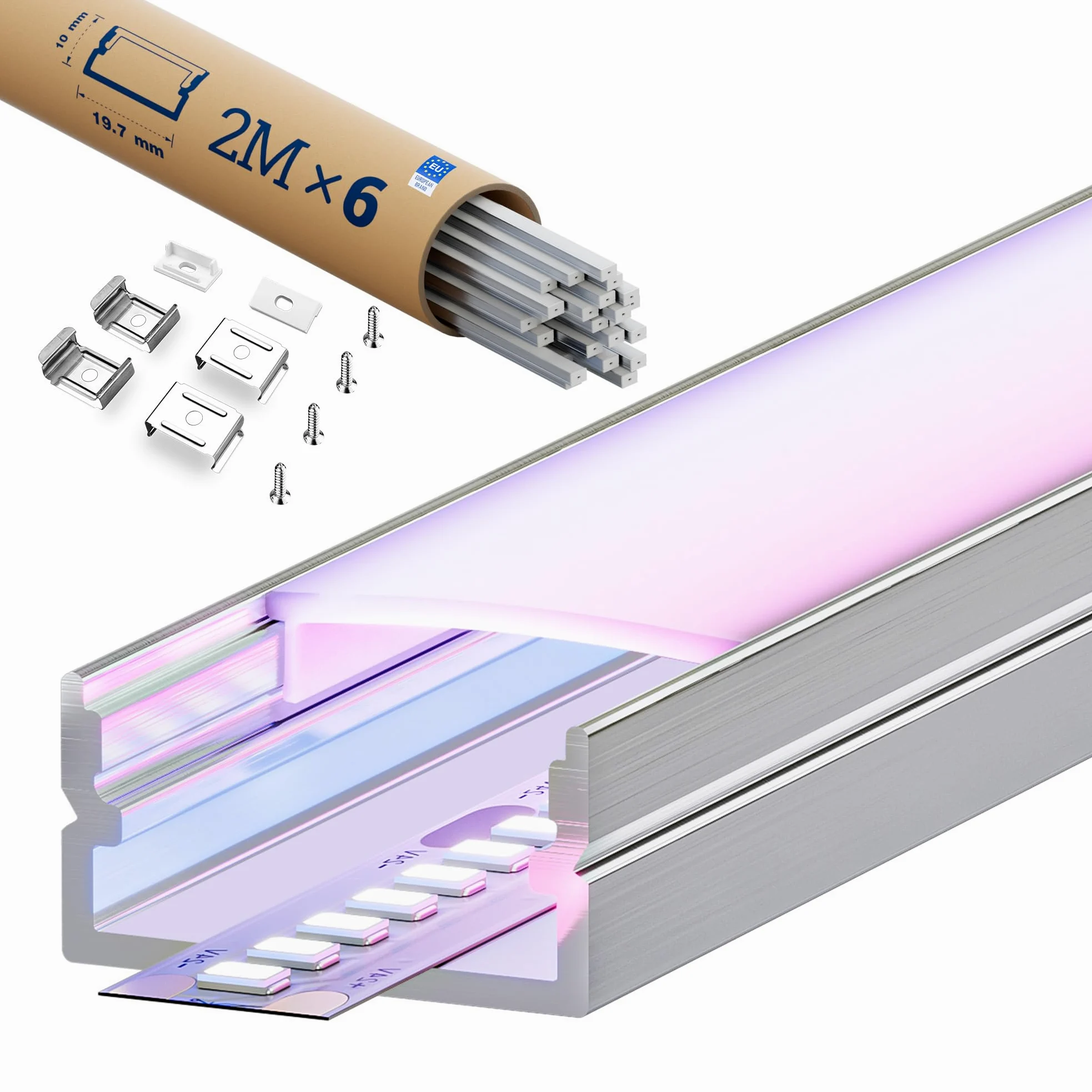Profil aluminiowy LED pasuje do taśm LED, 2 m x 6 sztuk (12 m), wymiary 17,4 mm x 7 mm, do taśm o szerokości mniejszej niż 12,4 mm, z akcesoriami montażowymi.
