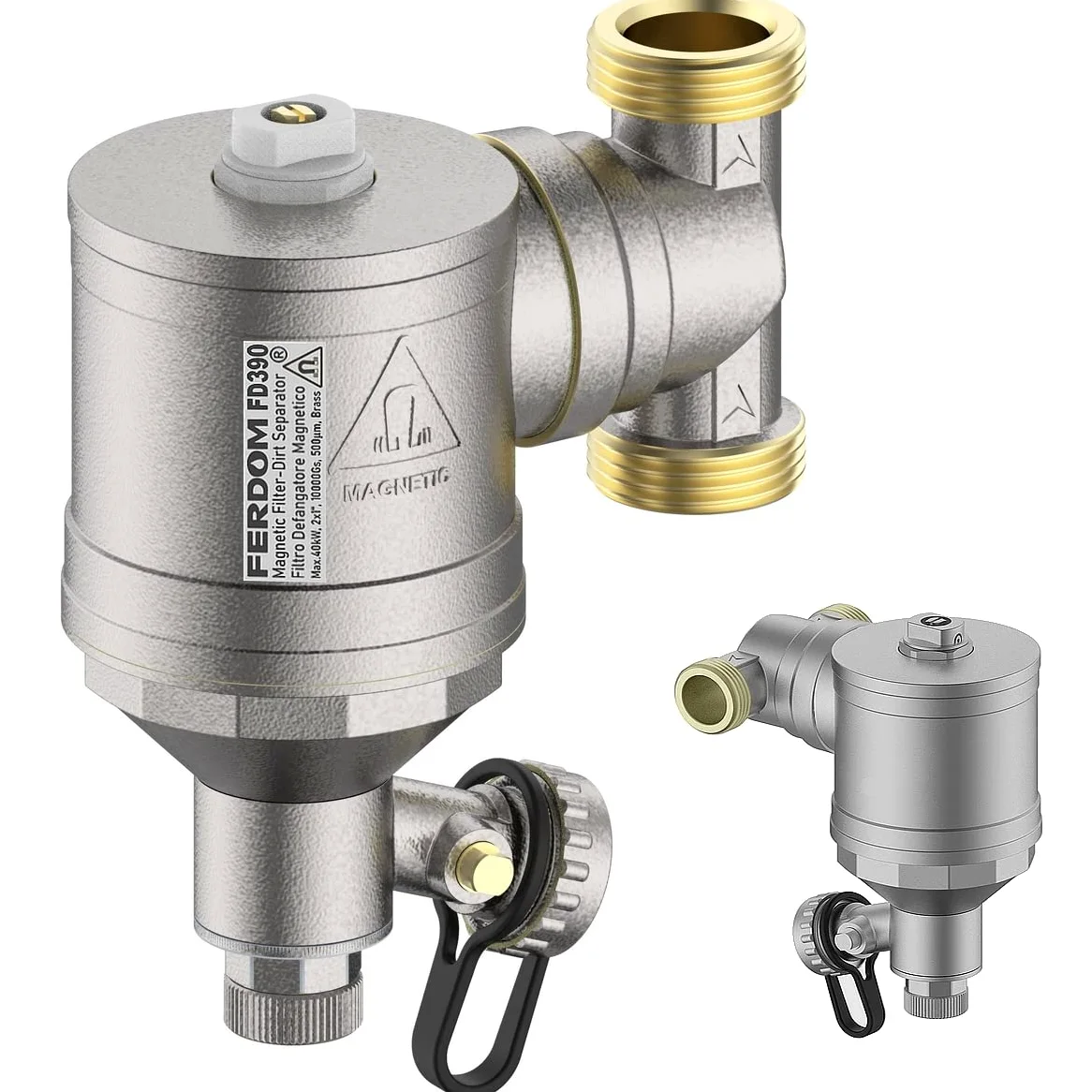 FERDOM FD390 STRONG 1" (DN25) Filtr Magnetyczny/Hydrocyklon do Syst. Grzewczych, HVAC. Magnes 10000Gs. Z Separatorem Zanieczyszczeń Nie-magnetycznych 1000µm. Max.40kW. Podł.360 stopni. Obudowa Mosiądz