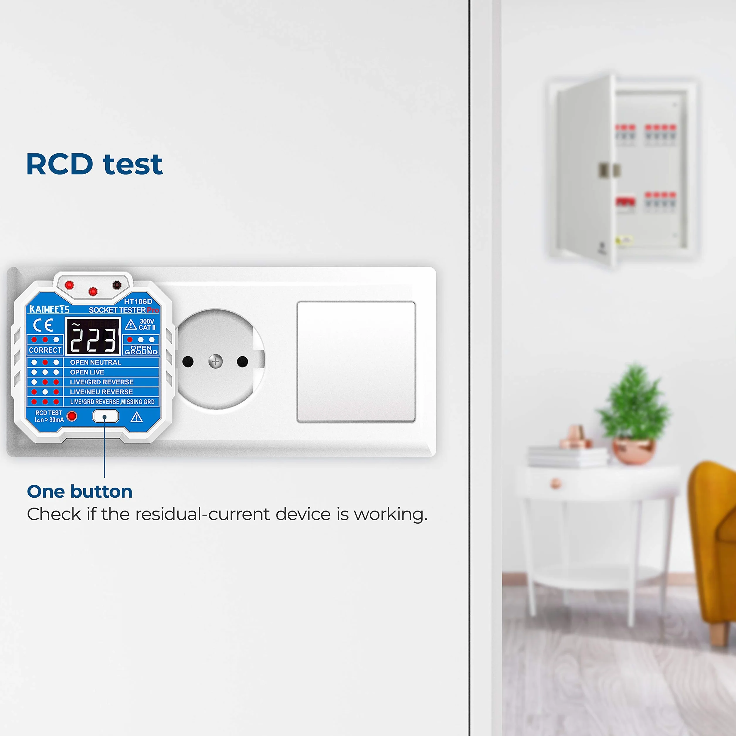 KAIWEETS Tester gniazd z kontrolą RCD i wyświetlaczem napięcia LCD, 48-250 V/45-65 Hz, CAT ll 300 V do pomiaru napięcia, badania obwodu elektrycznego.
