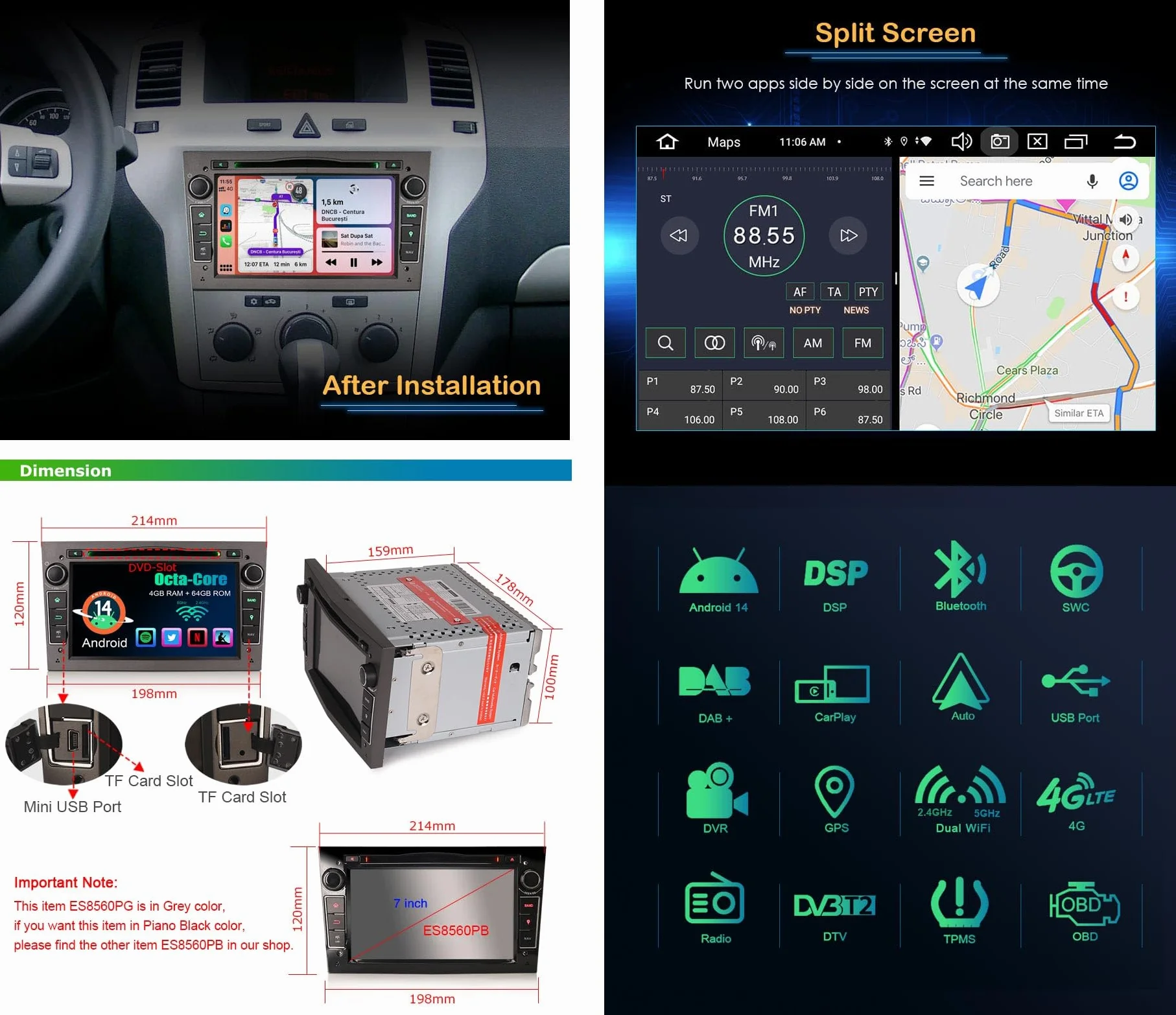 Erisin Android 13 4 GB + 64 GB 8-rdzeniowe radio samochodowe DVD, nawigacja GPS do Opel Antara, Astra Corsa C/D, Vectra Meriva, Signum, Vivaro, Zafira, Combo 7 cali, CarPlay Android Auto DAB+ WiFi,