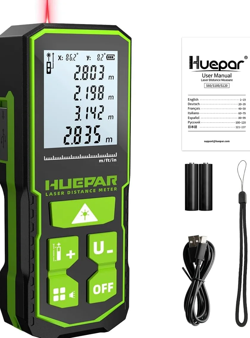 Huepar Laser Distance Measure 196Ft(60M) with Rechargeable Battery & Dual Angle Display, Laser Measure M/In/Ft with Mute Function & Multi-Measurement Modes, Pythagorean, Distance, Area & Volume-S60+