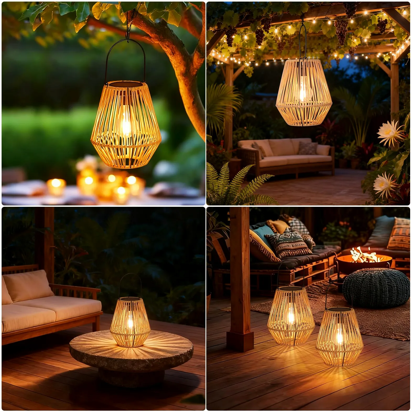 2 sztuki rattanowych lampionów solarnych, wodoodporne, rattanowe lampy solarne, wiszące lampiony, dekoracyjne, prezenty urodzinowe dla mamy, babci, lampiony zewnętrzne na werandę, patio