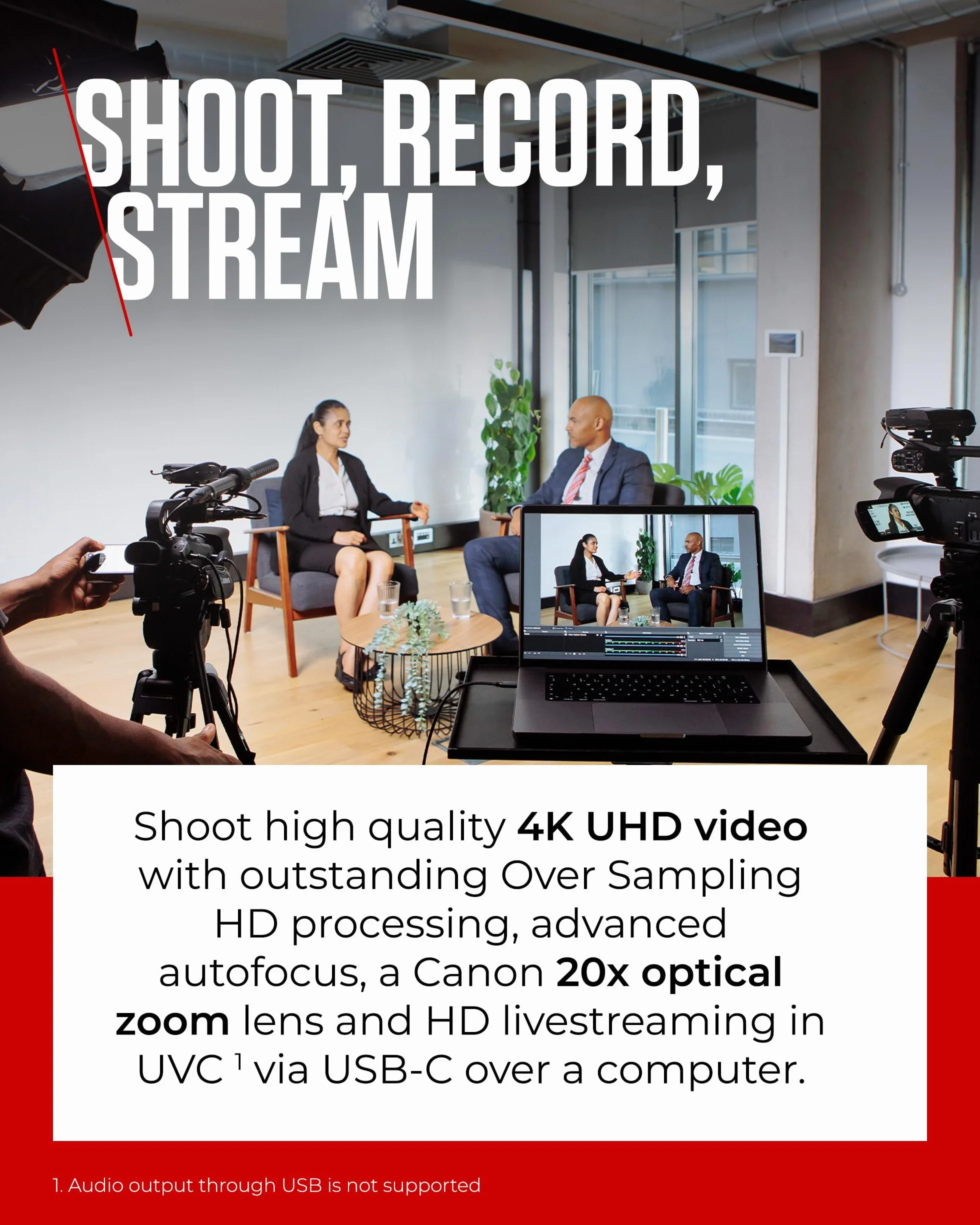 Canon XA60 4K Full HD (kamera UHD Zoom 20x, czujnik CMOS typu 1/2,3, automatyczna ostrość, 5-osiowa stabilizacja obrazu, wyjście HDMI, 3,5-calowy wyświetlacz LC, transmisja UVC) Czarny