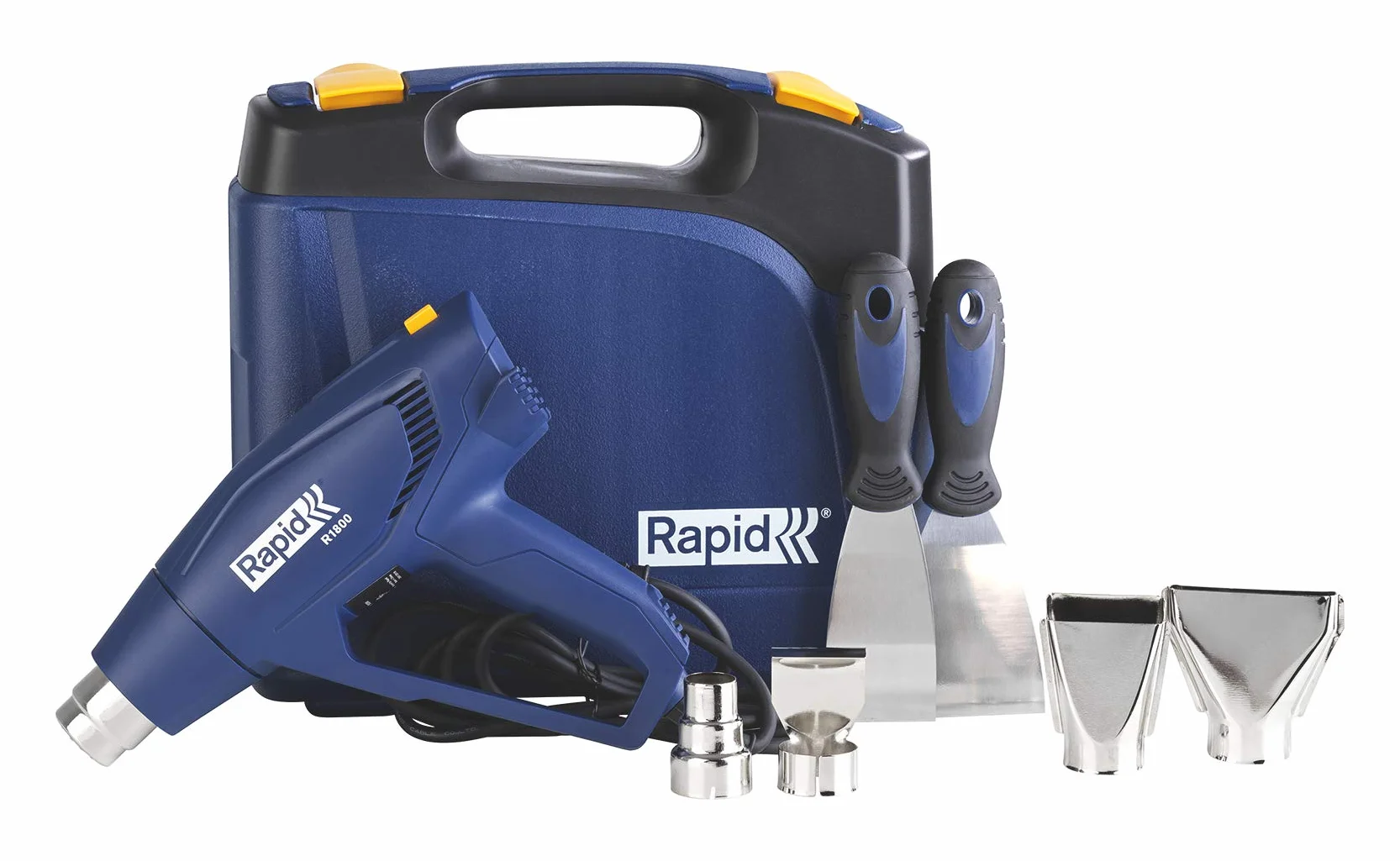 Rapid Pistolet na gorące powietrze R1800, suszarka na gorące powietrze w walizce z 4 dyszami, 2 skrobakami do farby, moc 1800 W, temperatura 300-550°C, ilość powietrza 250-450 l/min, do usuwania