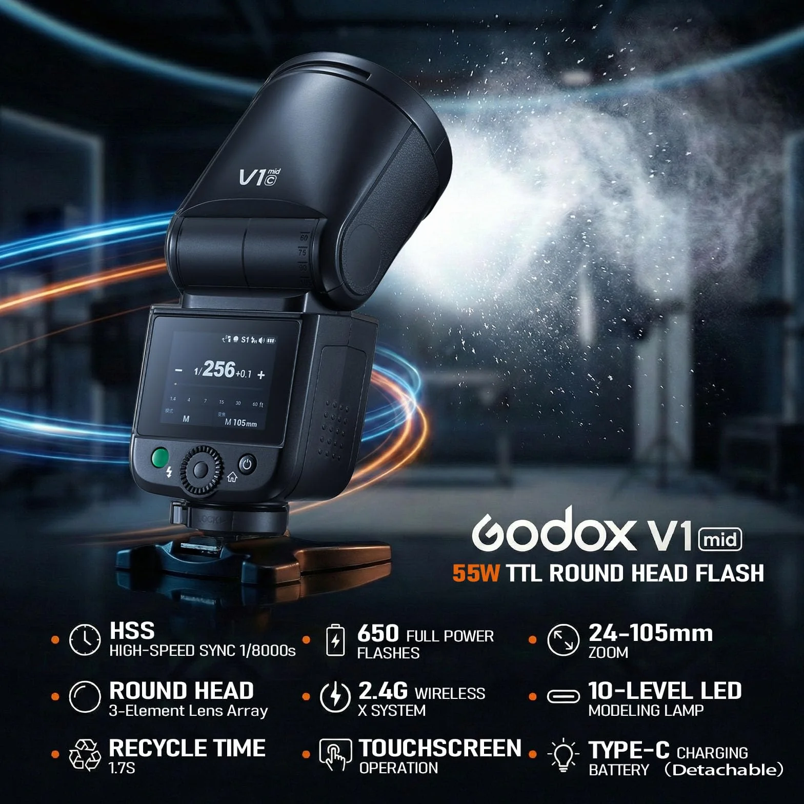 Godox V1 mid S lampa błyskowa TTL z okrągłą głowicą do Sony, bezprzewodowa 2,4G z 2″ ekranem dotykowym, czas ładowania 1,7s i do 650 błysków przy pełnej mocy, HSS 1/8000s, lampa modelująca LED 2W