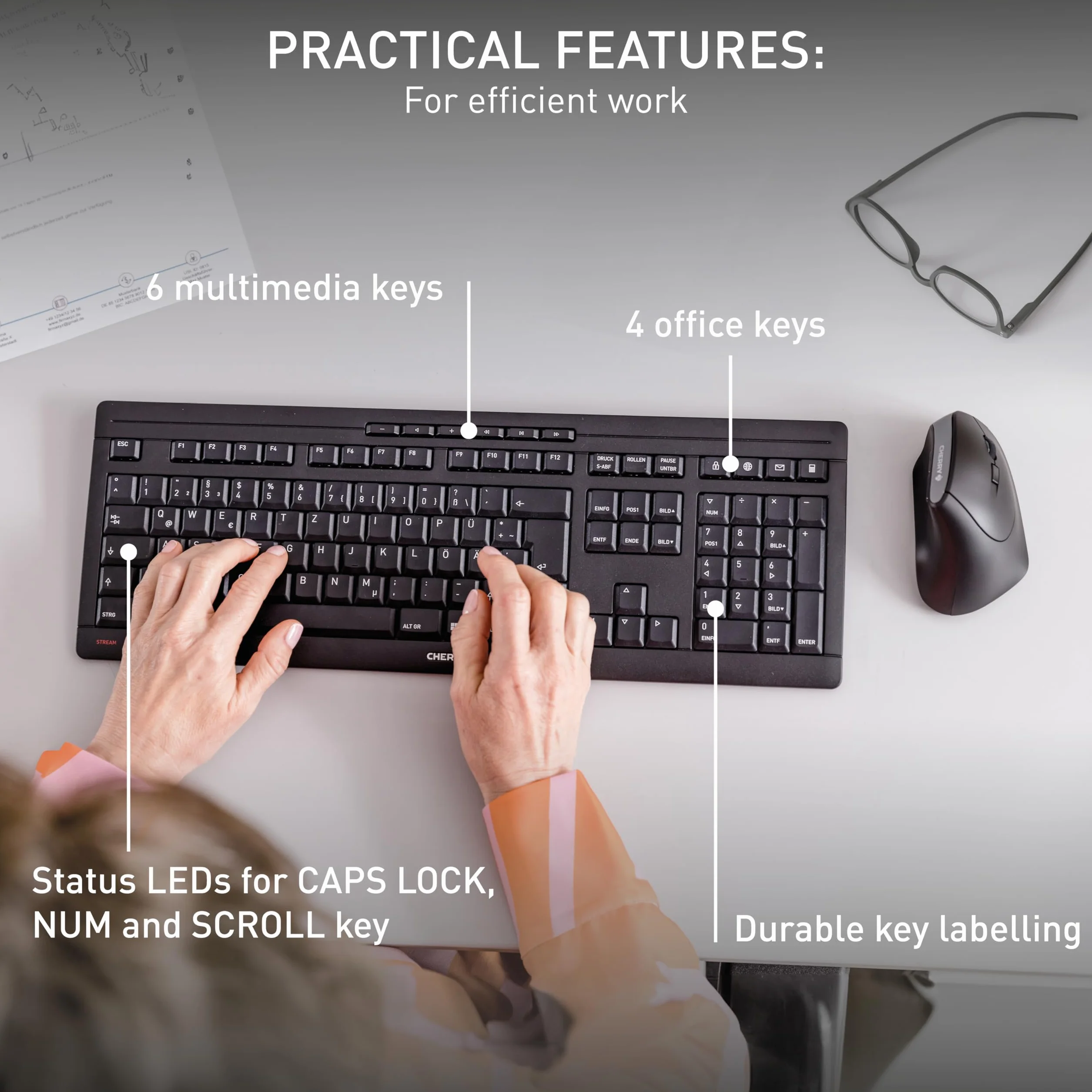 CHERRY STREAM KEYBOARD WIRELESS, Klawiatura Bezprzewodowa, Układ Niemiecki (QWERTZ), 2,4 GHz, Ciche Klawisze, Płaska Konstrukcja, Zasilanie Bateryjne, Czarny