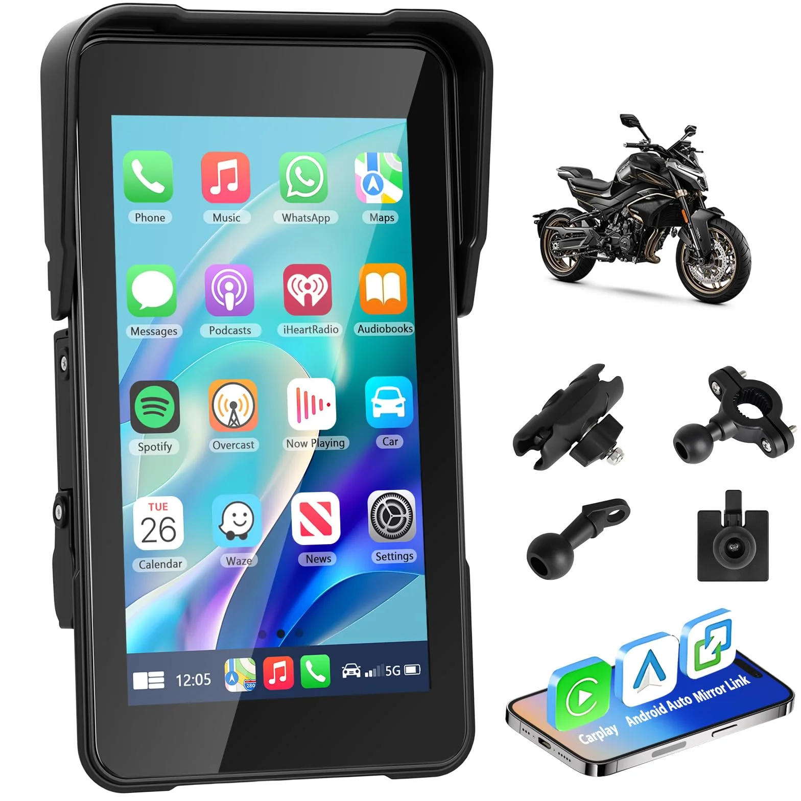 Motocyklowy ekran Carplay z nawigacją, przenośny ekran dotykowy 5" IP68, z bezprzewodowym systemem CarPlay i systemem Android, Bluetooth, EQ, kalibracją dotykowym