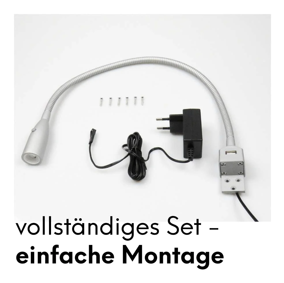 kalb Material für Möbel Elastyczna lampka do czytania LED/lampka do czytania LED ze zintegrowaną funkcją ładowania USB, anodowane aluminium / srebrnoszare (1 lub 2 sztuki w zestawie anodowane