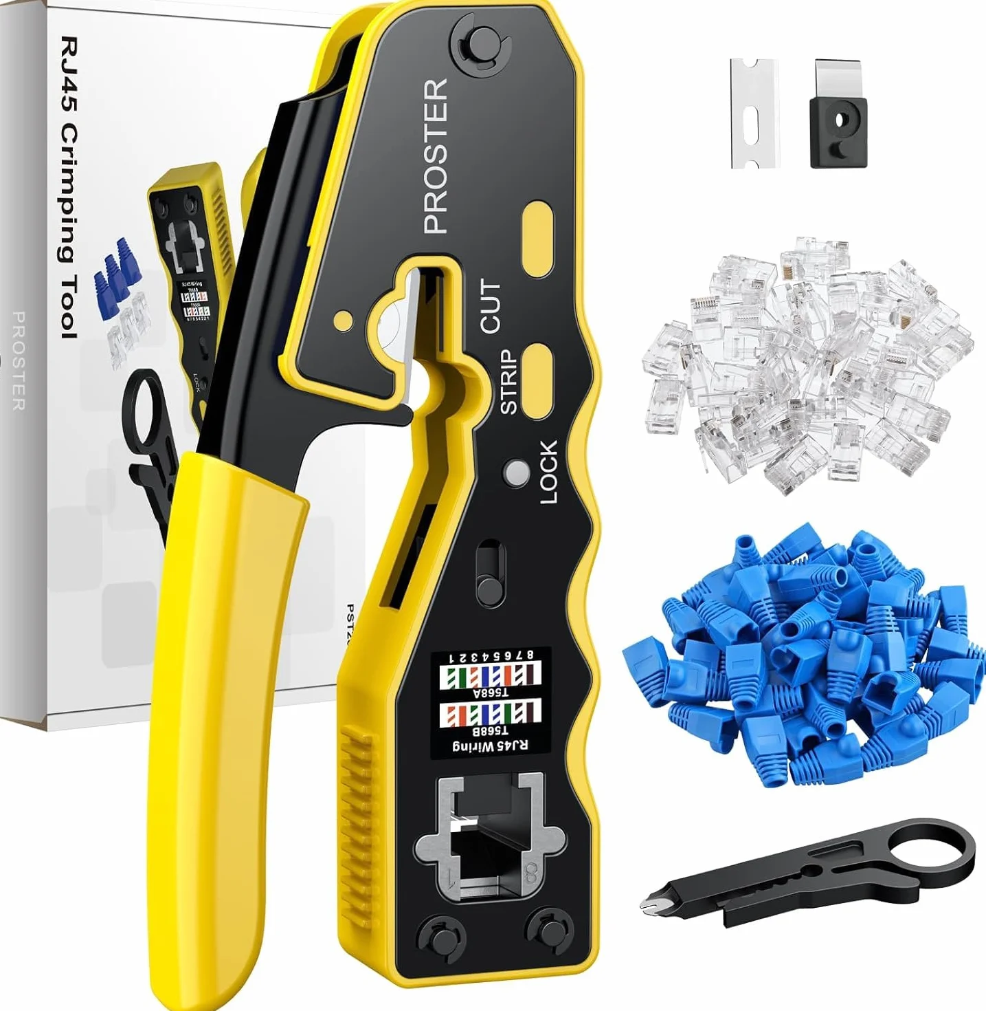 Proster Zestaw narzędzi do zaciskania RJ45 – zaciskacz przelotowy RJ45 do Cat6 Cat6a Cat5 Cat5e z 50 szt. złączami przelotowymi CAT6, 50 szt. pokrowców ochronnych Cat6, narzędzie do zaciskania