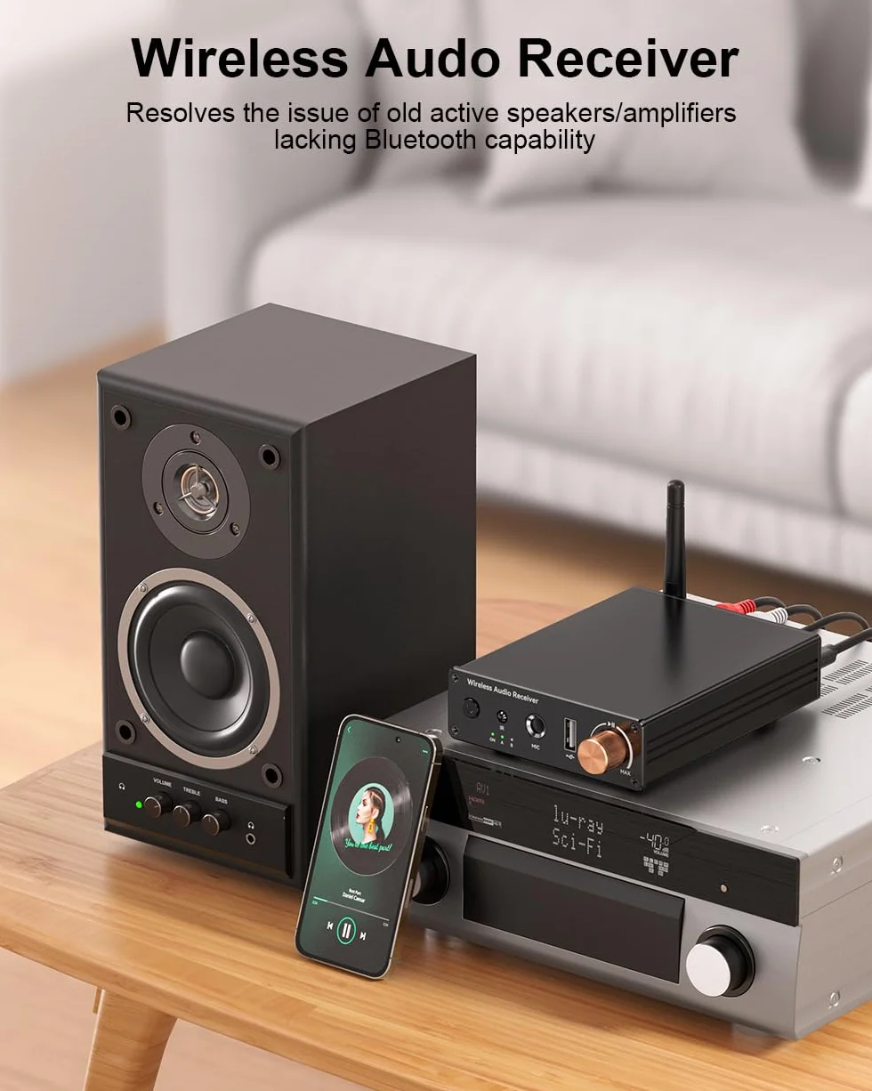 Bluetooth 6.0 Receiver Hi-Res Wireless Audio Adapter Low Latency for Stereo Speakers Home Audio