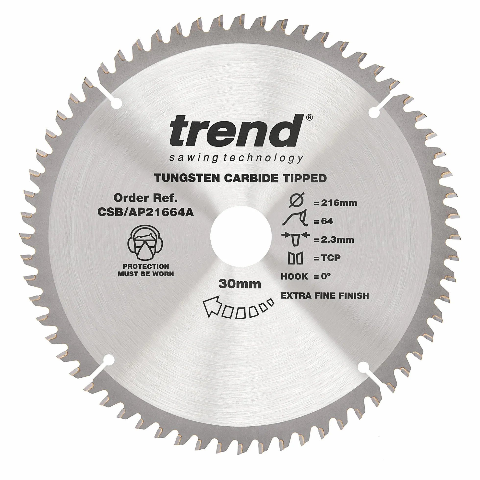 Trend Tarcza pilarska 216x30 mm 64T TCT do alu i plastiku 2,3mm | Extra-drobne cięcie TCT: 2,3 mm szczelina, 0° kąt natarcia; 64 zęby do aluminium i plastiku. CSB/AP21664A