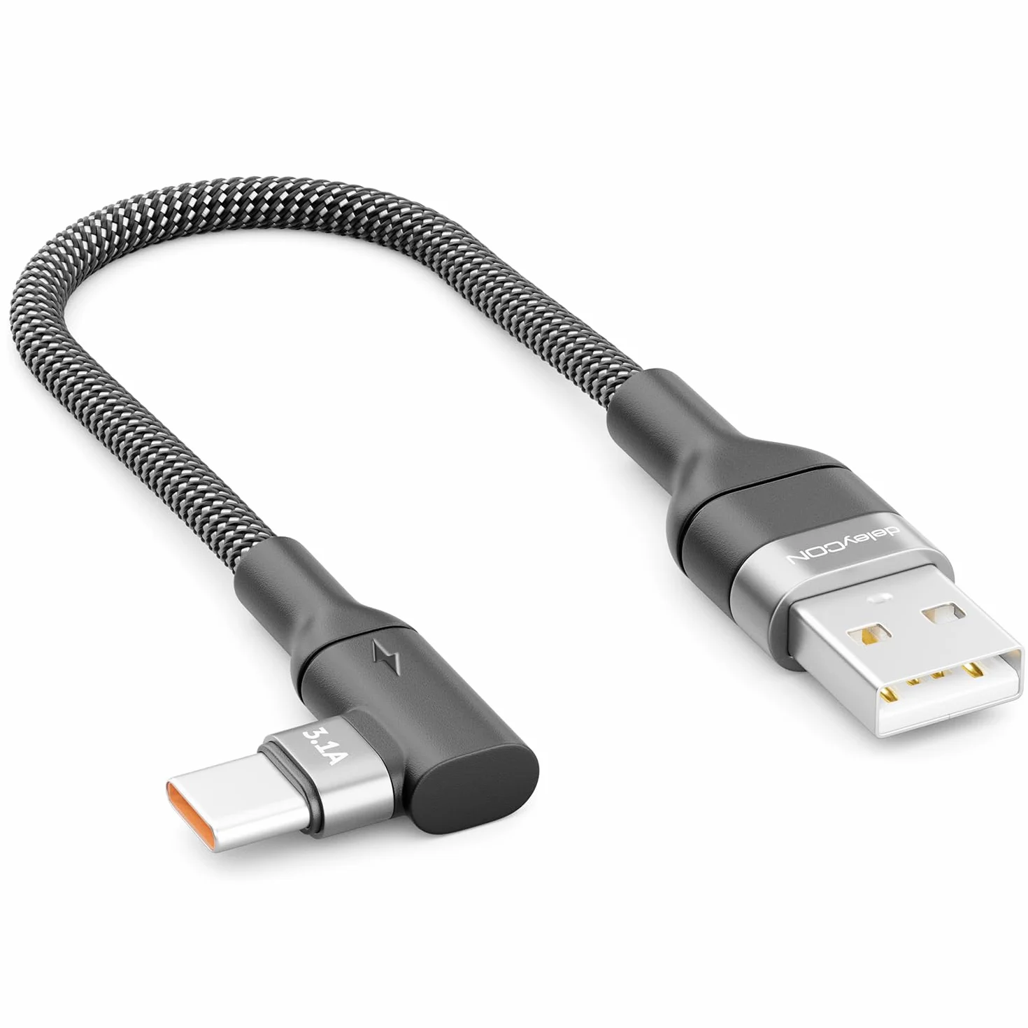 deleyCON 0,15m Kabel USB-C Kątowy 90° - Krótki Kabel ładujący i Danych USB-A do USB-C Pod Kątem do iPhone 17 16 15 Pro Max Air, Galaxy A16 A56 S25 S24 S23, Pixel, AirPods, Laptopa, PS5