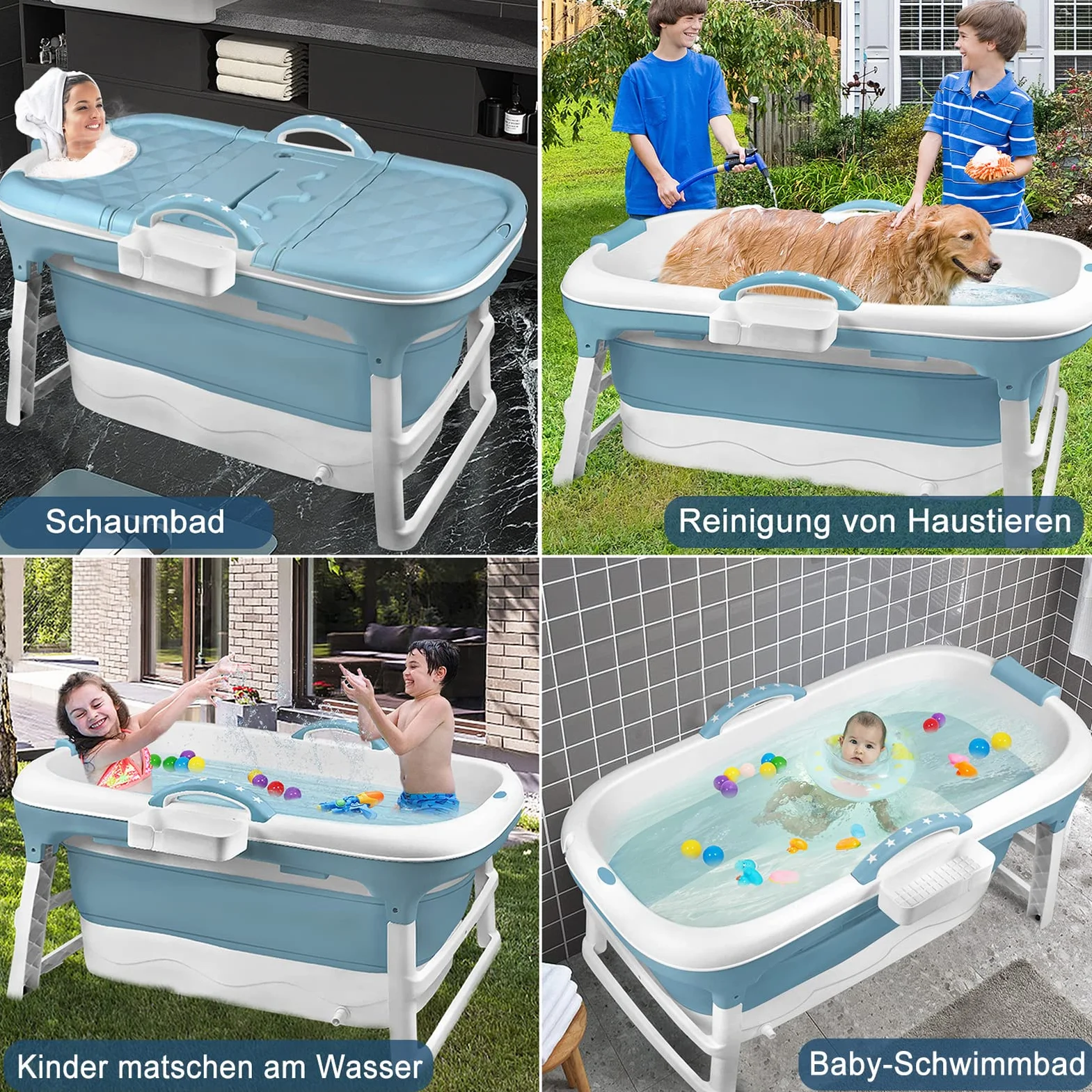 LZQ Składana wanna dla dorosłych, mobilna wanna ze zdejmowaną pokrywą, podłokietnik, kosz na mydło PP + TPE, składana wanna do łazienki, SPA, 118 x 62 x 53 cm, niebieska