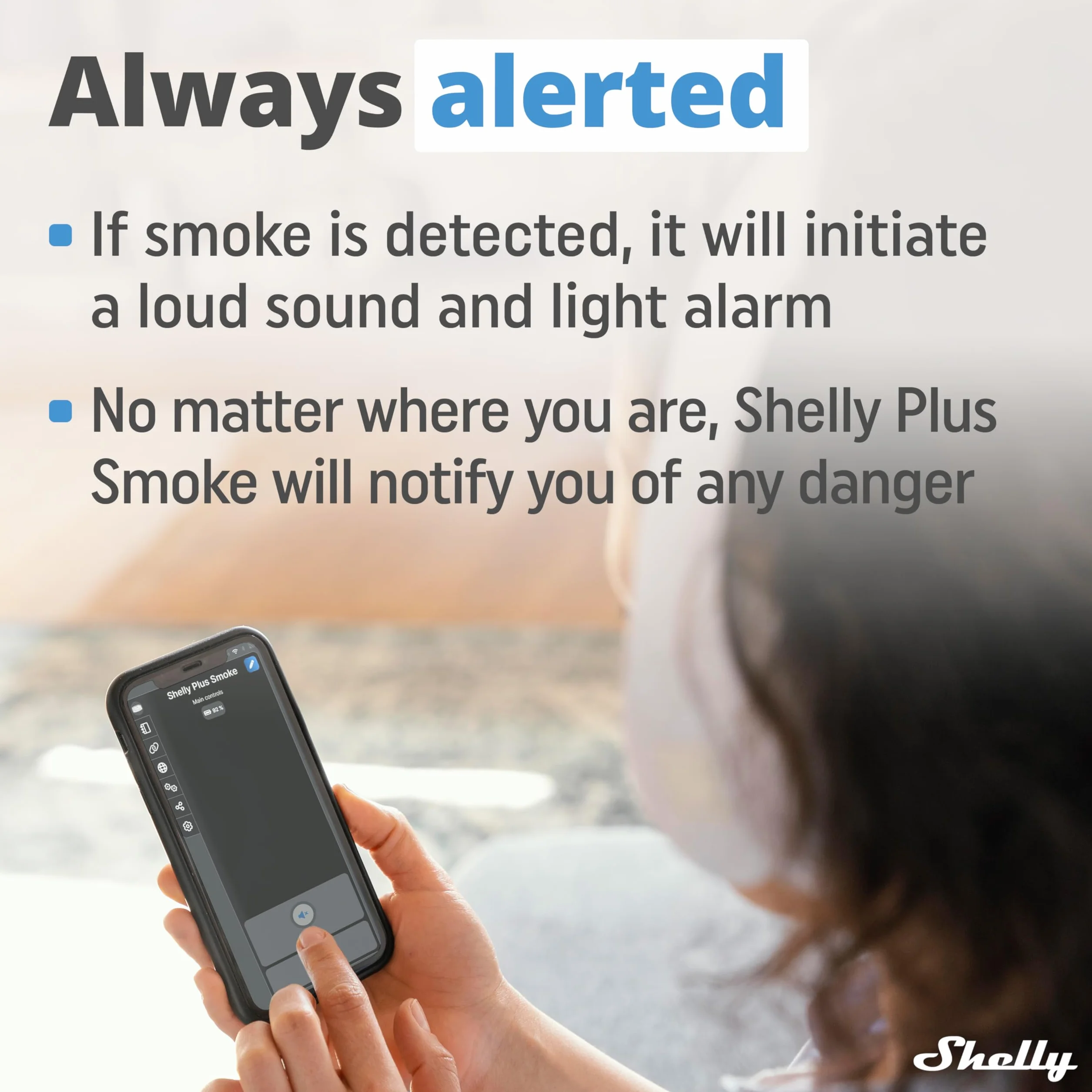Shelly Plus Smoke, Alarm Dymu i Pożaru, Czujnikiem Fotoelektrycznym, 5-letnia Żywotność Baterii, EN 14604, Wskaźniki LED i Dźwiękowe, Natychmiastowe Powiadomienie, Wi-Fi Bluetooth, Alexa Google Home