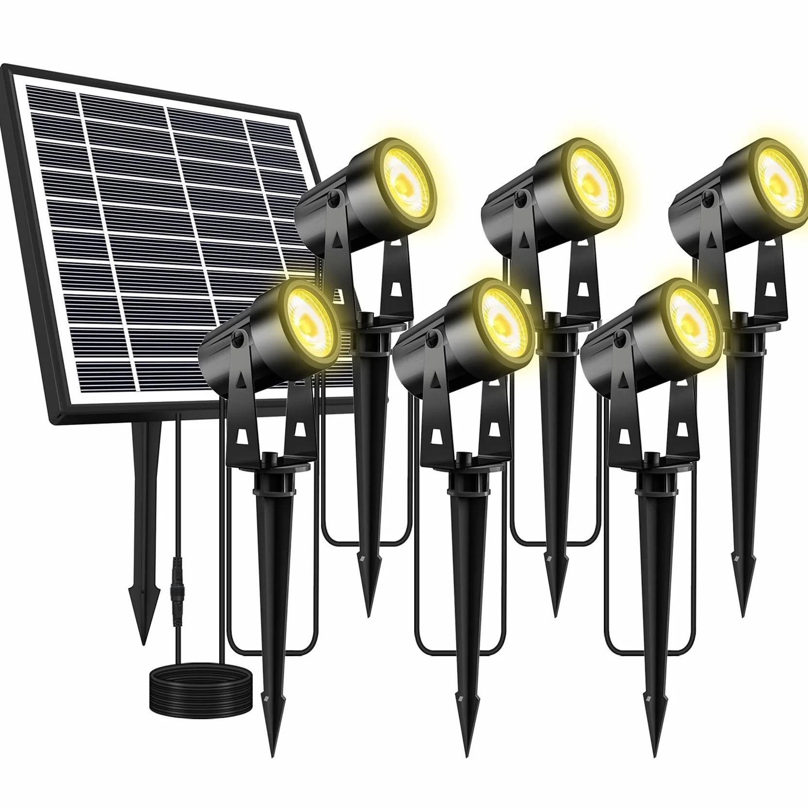Zewnętrzna lampa solarna, 6 w 1, wodoodporna lampa solarna IP65, solarny reflektor LED, 4 jasności, ciepła biel 3000 K, do ogrodu, na patio, drzewa