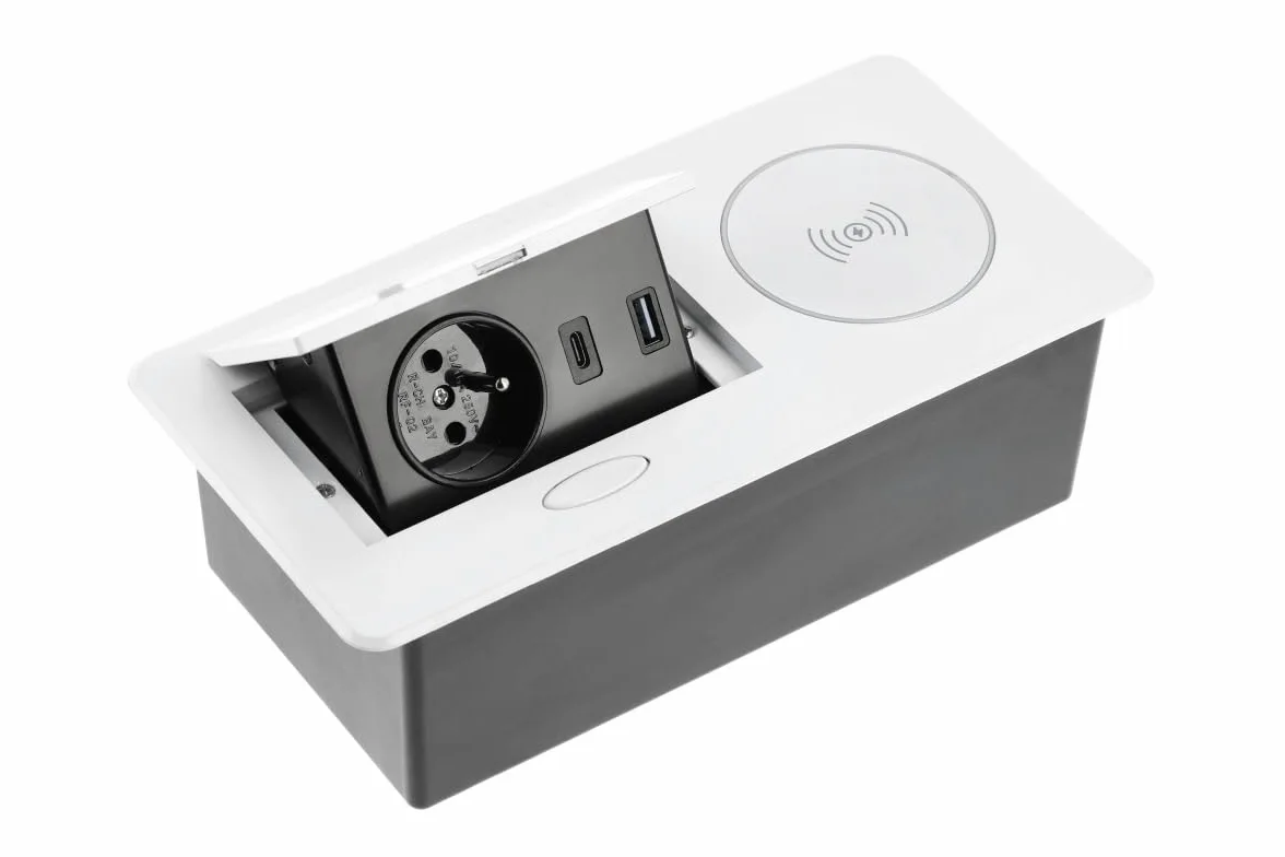 GTV Gniazdo meblowe AVARO Plus, ładowarka indukcyjna 5 W, USB-A i USB-C, kompaktowa konstrukcja, kolory: biały, czarny, aluminium, idealne do domowego biura i komercji