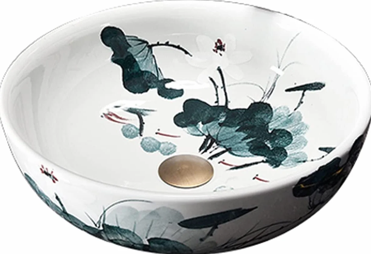 Ceramiczna Umywalka Łazienkowa, Umywalka Ceramiczna, Umywalka Nablatowa, Okrągła, Niebiesko-Biała, Porcelanowa, Artystyczna, Umywalka Nablatowa Z Liściem Lotosu, Lotus Pa
