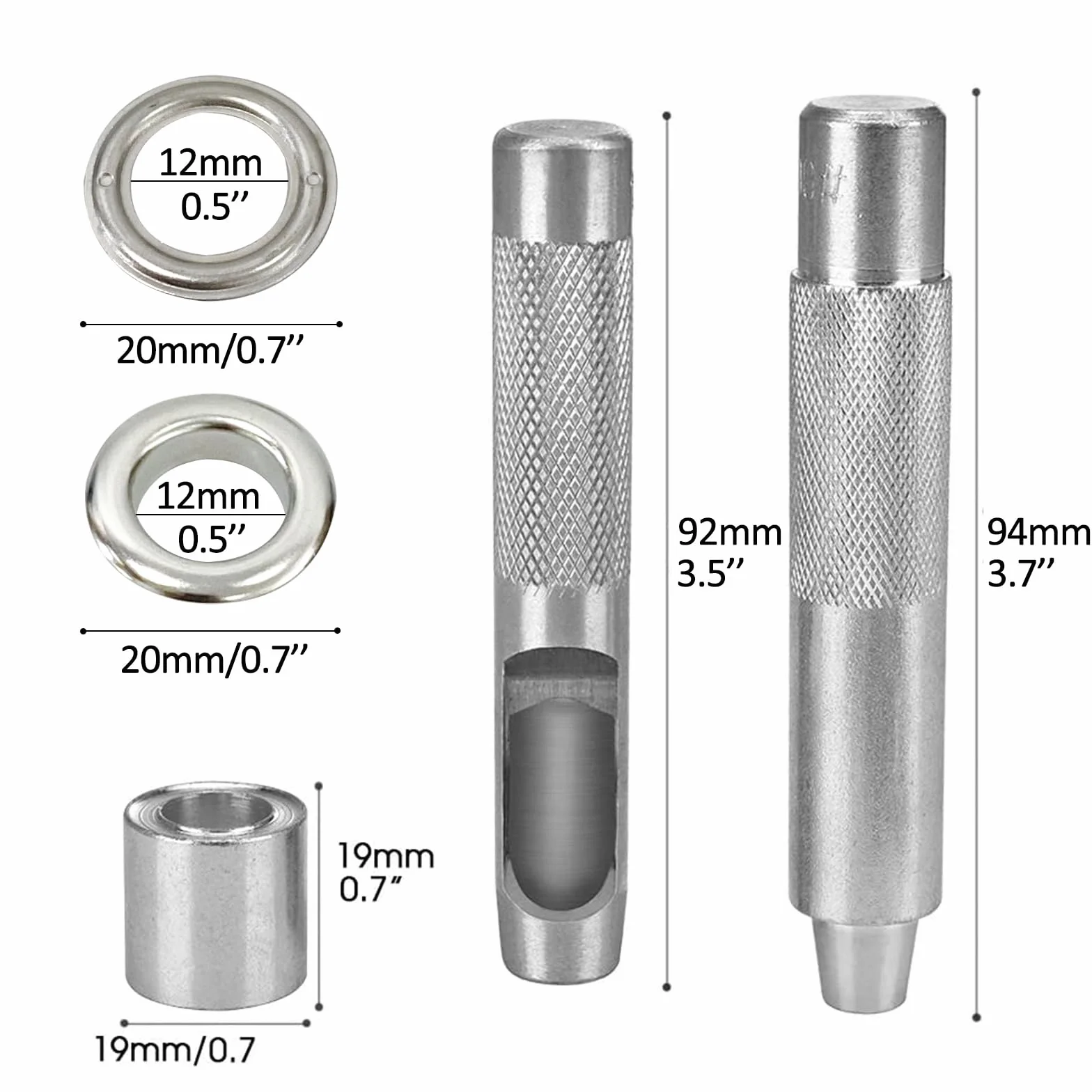 Zestaw narzędzi do przelotek, narzędzie do montowania przelotek i 100 zestawów oczek 12 mm (wewnętrzna średnica), z pudełkiem do przechowywaniam do plandeki, skórzanej tkaniny, płóciennego paska