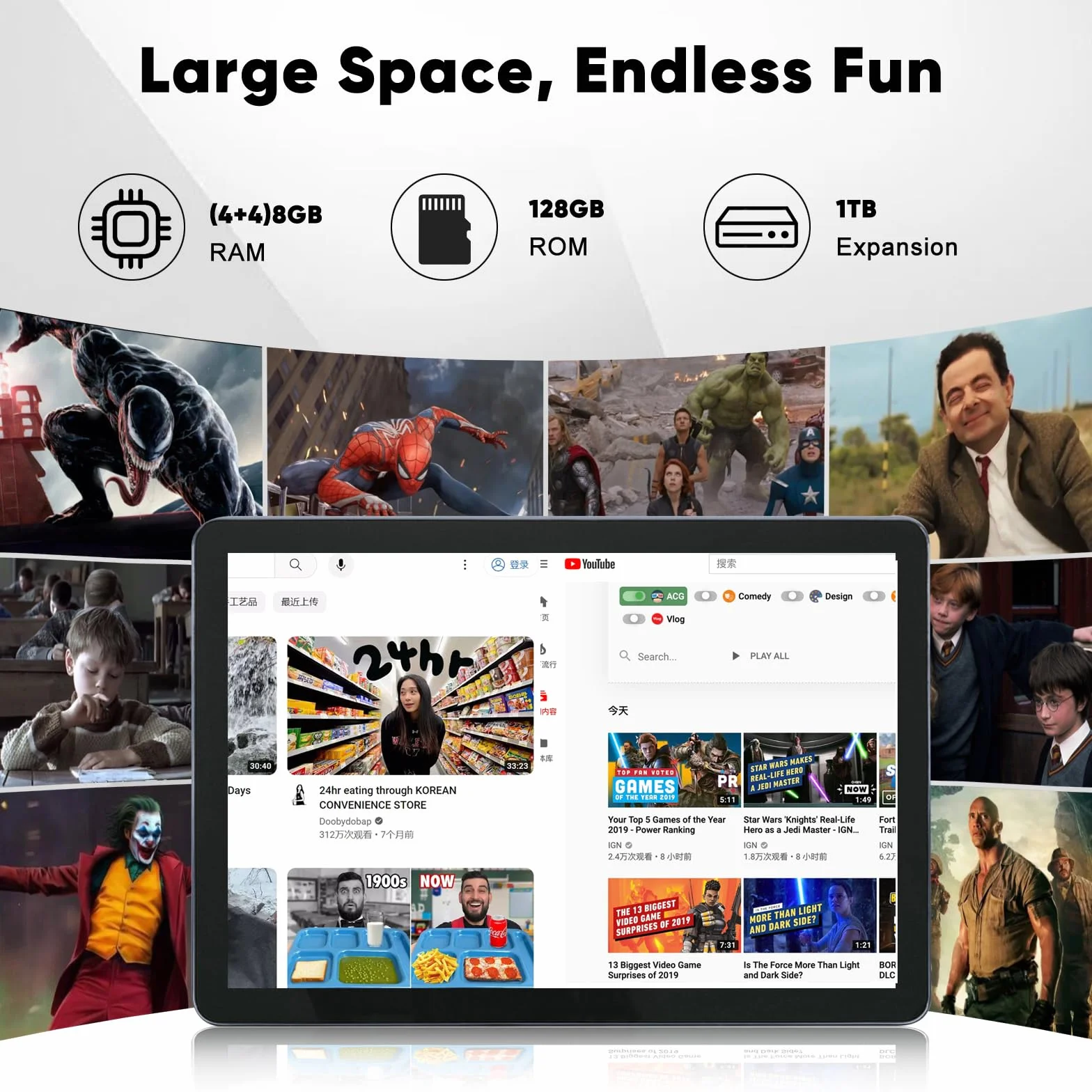 Tablet z systemem Android 14, 11 cali, 8 GB + 128 GB (1 TB rozszerzalny), WiFi, IPS, 8000 mAh, podwójny aparat 13 MP + 5 MP