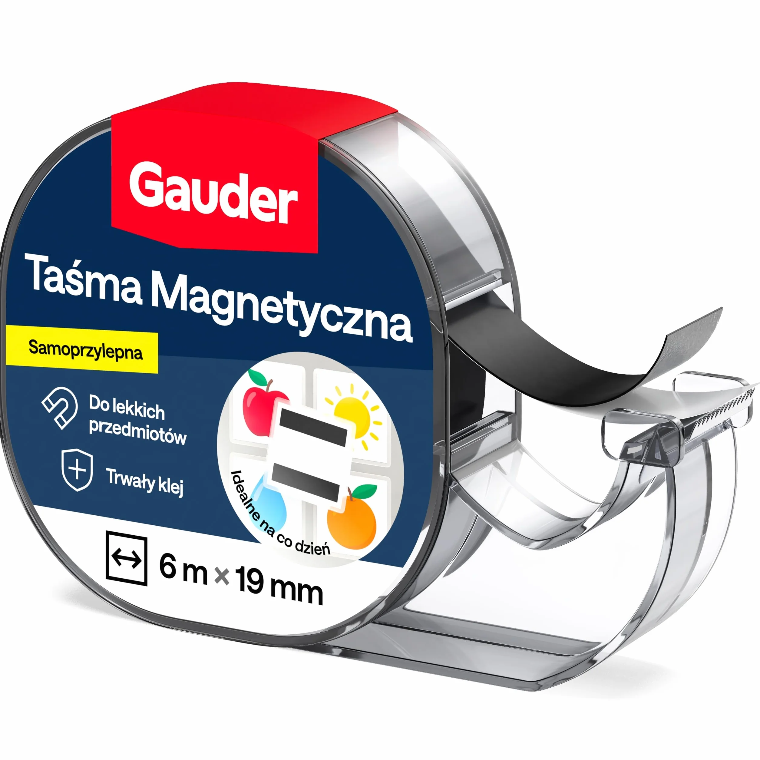 GAUDER Taśma Magnetyczna z Dyspenserem - Samoprzylepny Pasek Magnetyczny do Lekkich Przedmiotów - Taśma Magnetyczna do Cięcia na Pocztówki i Zdjęcia na Powierzchniach Metalowych (6 m x 19 mm)
