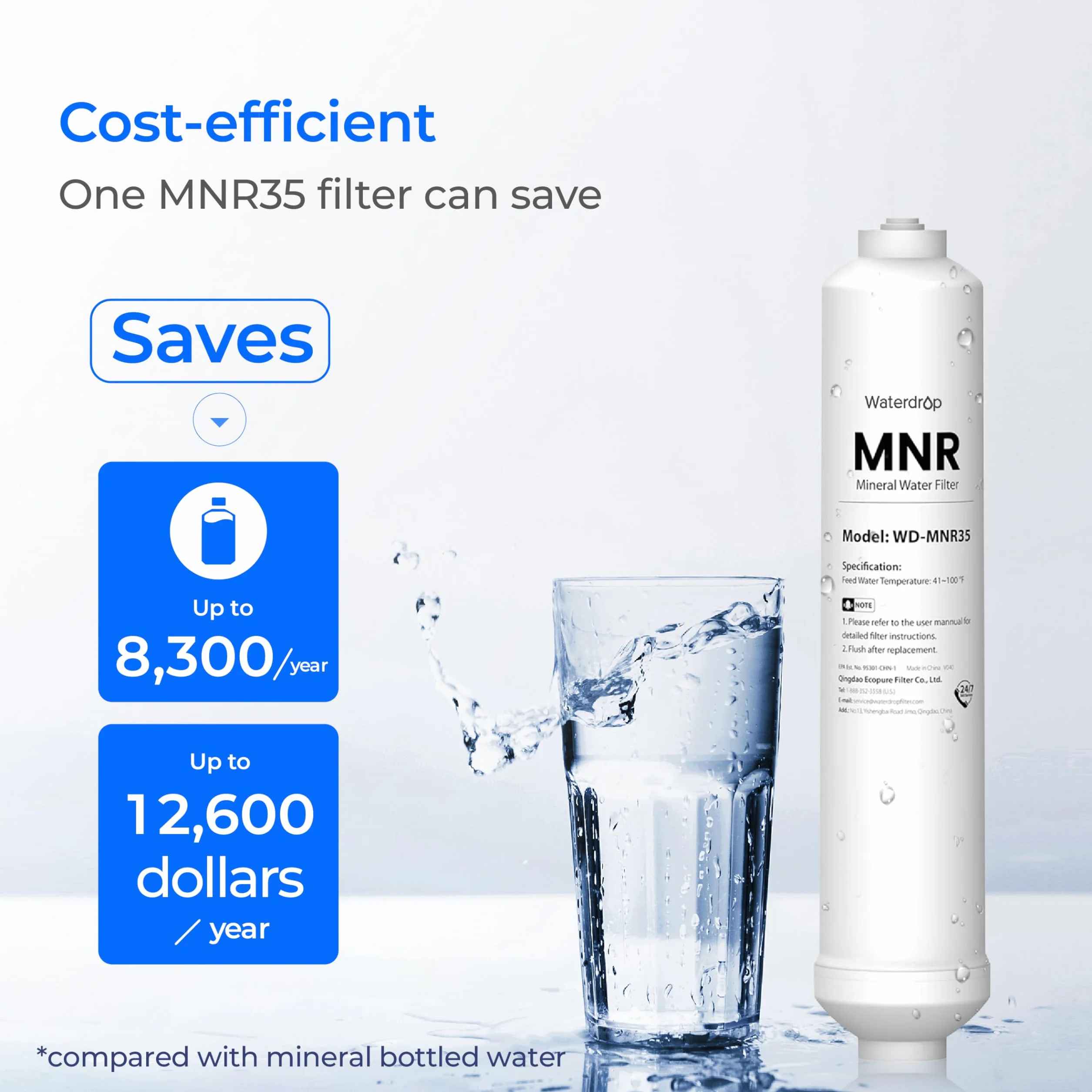 Waterdrop Remineralizacyjny filtr wody inline, filtr końcowy z szybkim złączem 1/4" do systemu filtrów RO odwróconej osmozy, przywraca niezbędne minerały (1)