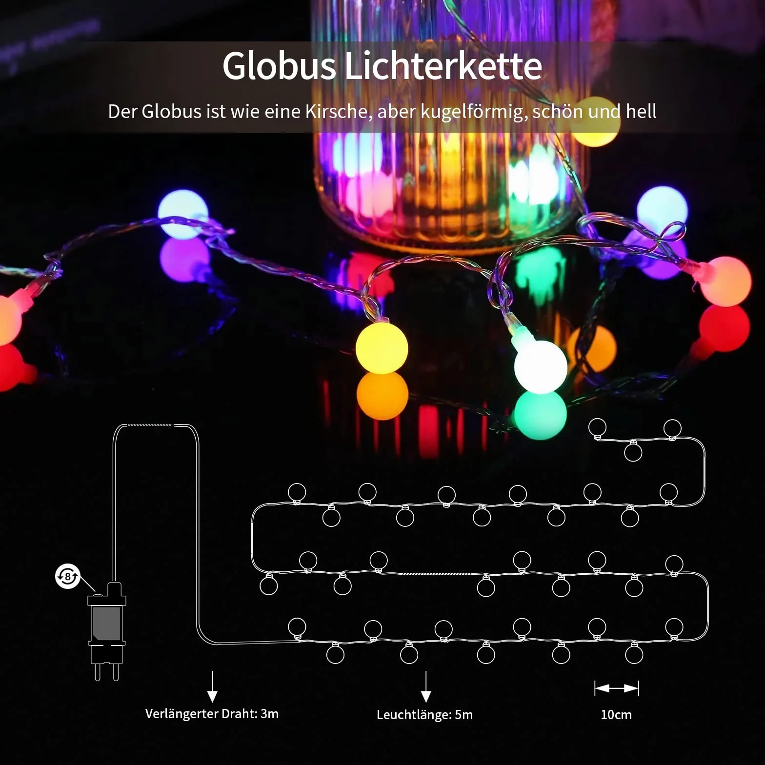 Łańcuch świetlny z kulką, 5 m, 50 diod LED, 8 trybów pracy, funkcja pamięci, łańcuch świetlny z wtyczką do użytku na zewnątrz/wewnątrz, idealny do sypialni, na balkon, imprezę, wesele, kolorowy