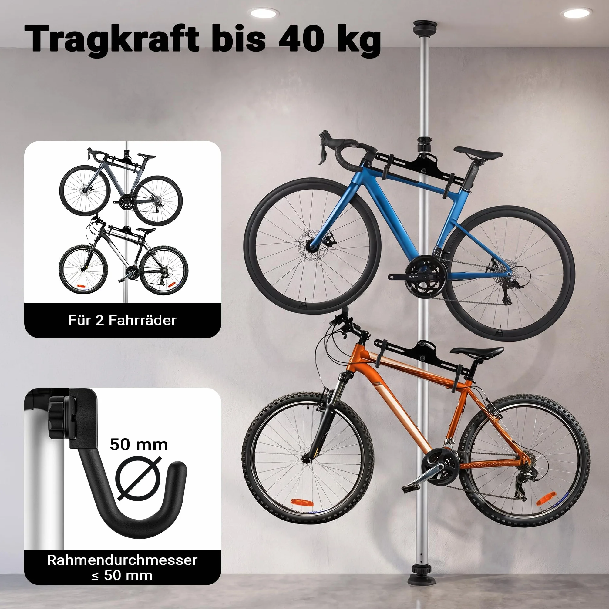 Teleskopowy uchwyt rowerowy na 2 rowery co 20kg oszczędzający miejsce regulowany w zakresie 160-340cm z ramionami obrotowymi 360°