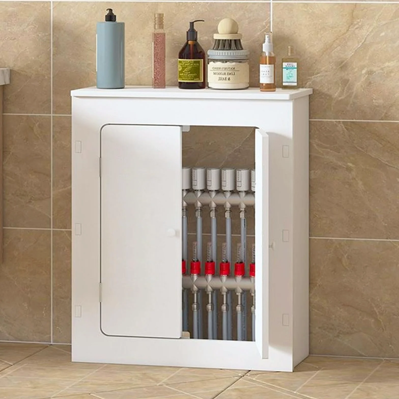Wodoodporna drewniana plastikowa osłona grzejnika i półka, podwójne drzwi, szafka do przechowywania, łatwa do czyszczenia, stylowy organizer do domu (40 x 60 x 20 cm)