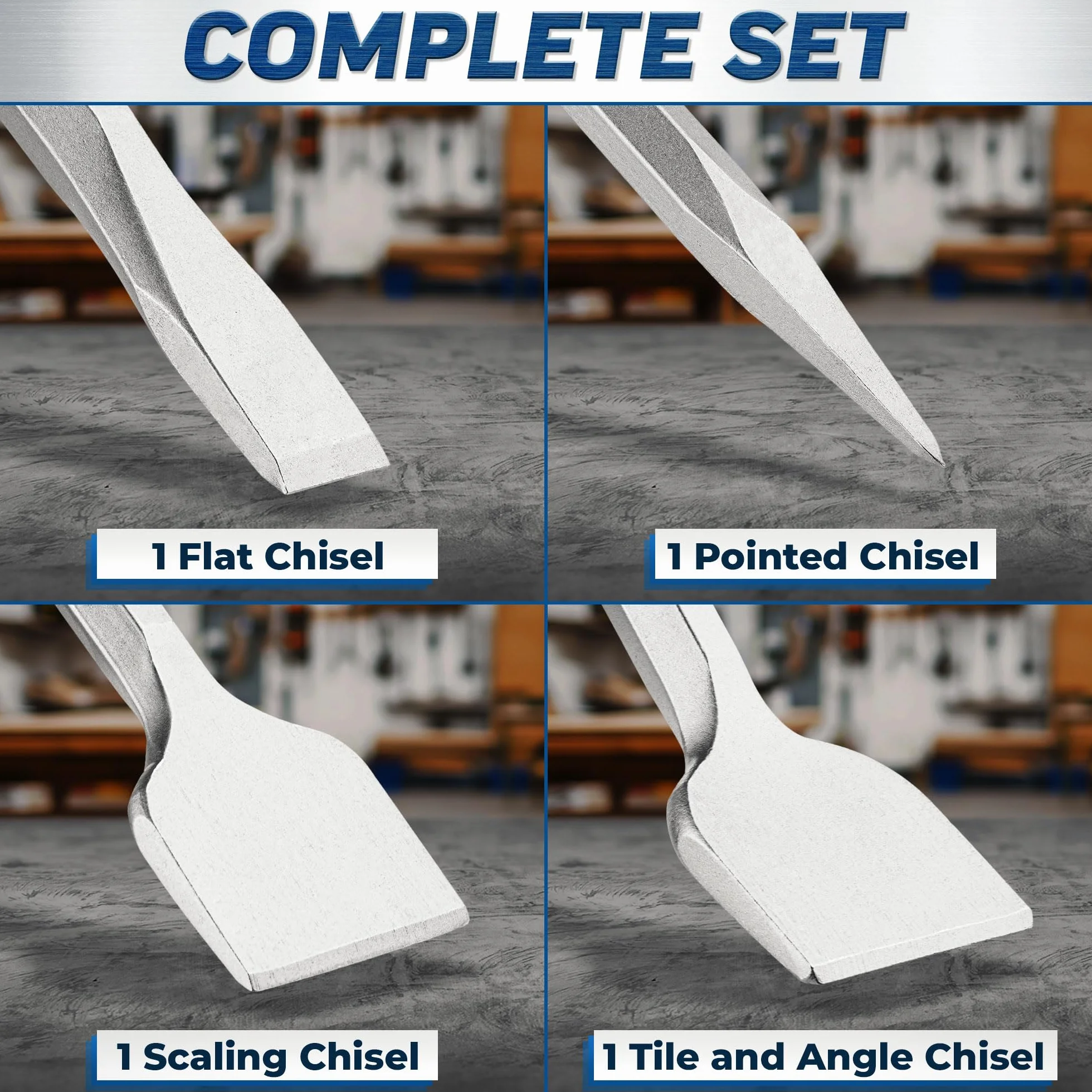 SDS Plus Chisel Bit Set - 4 Pc - 1 Flat Chisel, 1 Pointed Chisel, 1 Scaling Chisel & 1 Tile for Concrete Demolition