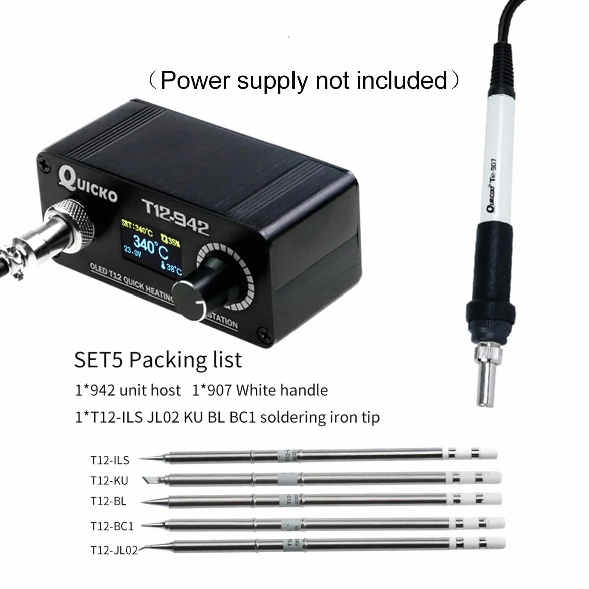 QUICKO DC24V T12-942 lutownica cyfrowa stacja lutownicza regulowana temperatura automatyczne usypianie / automatyczne wyłączanie / wzmocnienie jednym przyciskiem w zestawie z końcówką lutowniczą (SET5