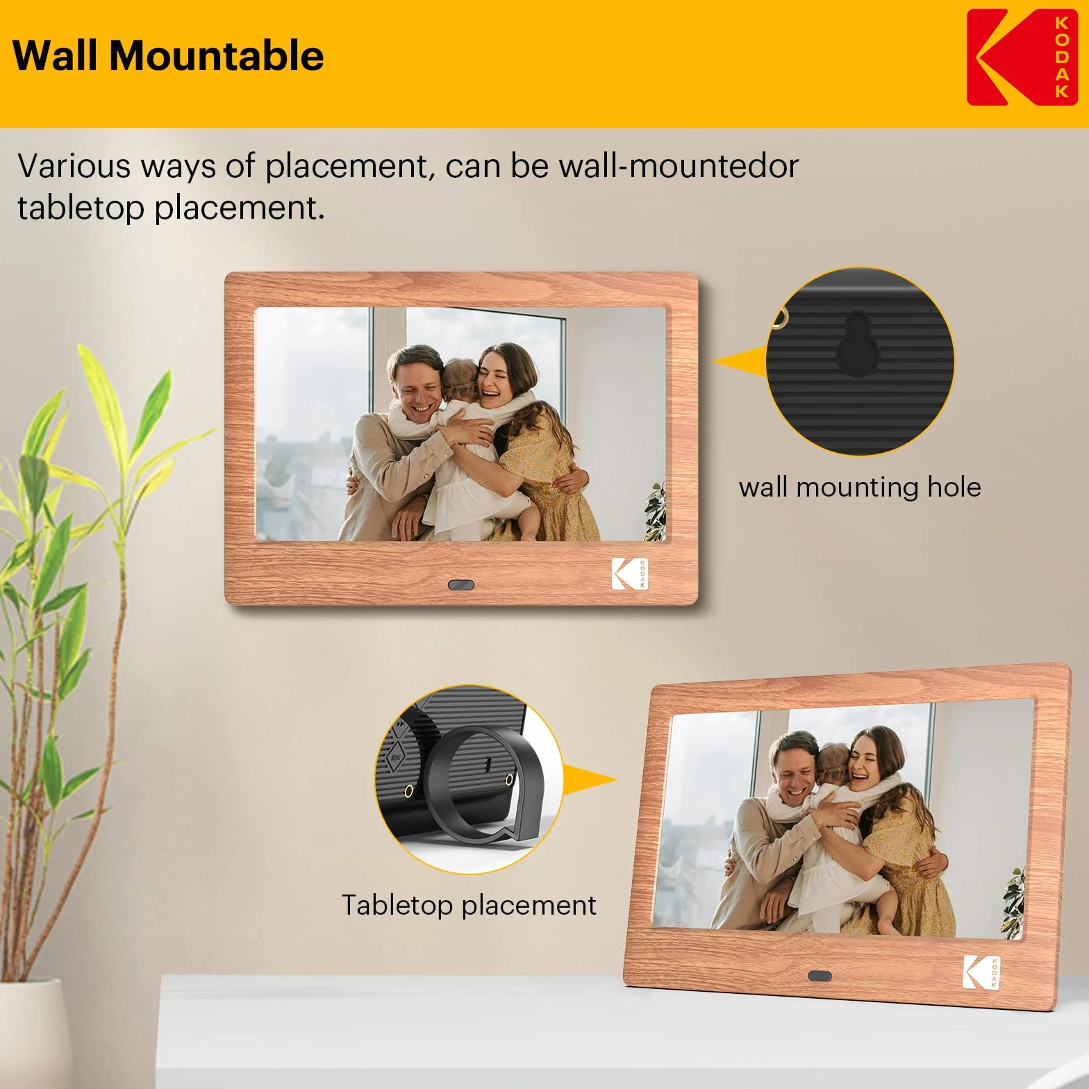 KODAK, cyfrowa ramka na zdjęcia 7", elektroniczna ramka na zdjęcia, ekran IPS, odtwarzacz zdjęć, muzyki, wideo, kalendarz, alarm, obsługa USB lub karty SD, automatycznie obracana, z pilotem zdalnego
