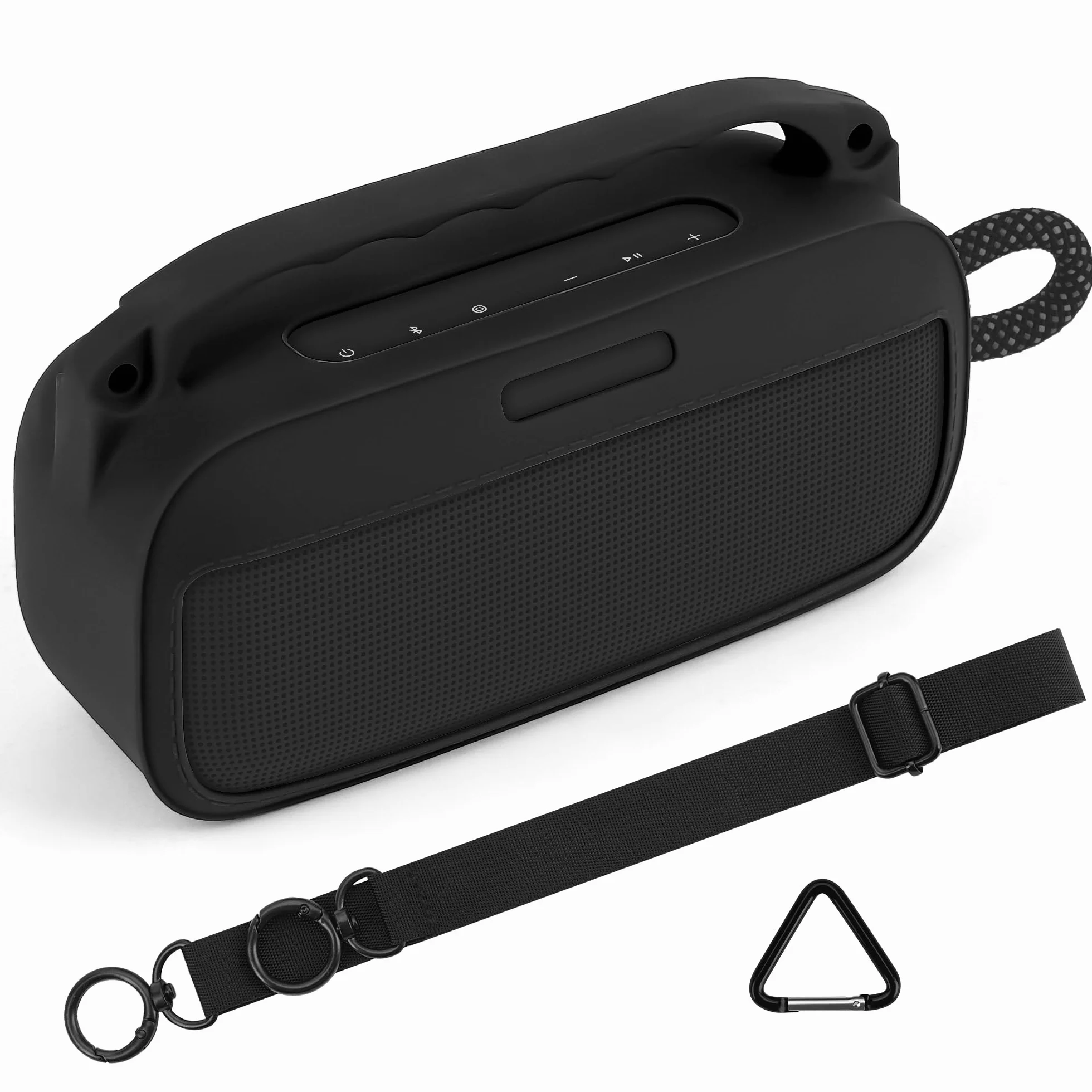 Geekria Silikonowe etui na głośnik, kompatybilne z Bose SoundLink Plus, ochronna miękka skóra, zamiennik przenośnych głośników, rękaw podróżny z paskiem na ramię (czarny)
