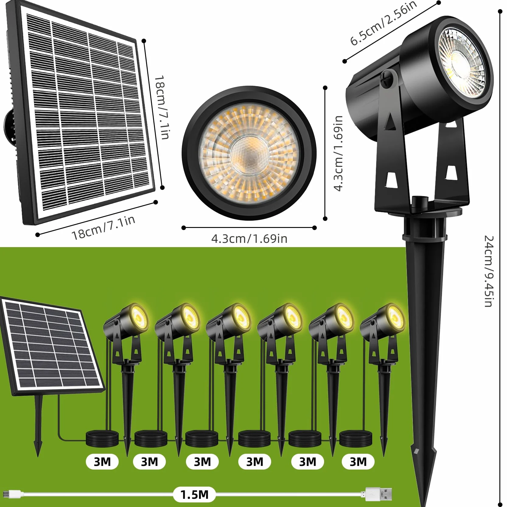 Zewnętrzna lampa solarna, 6 w 1, wodoodporna lampa solarna IP65, solarny reflektor LED, 4 jasności, ciepła biel 3000 K, do ogrodu, na patio, drzewa
