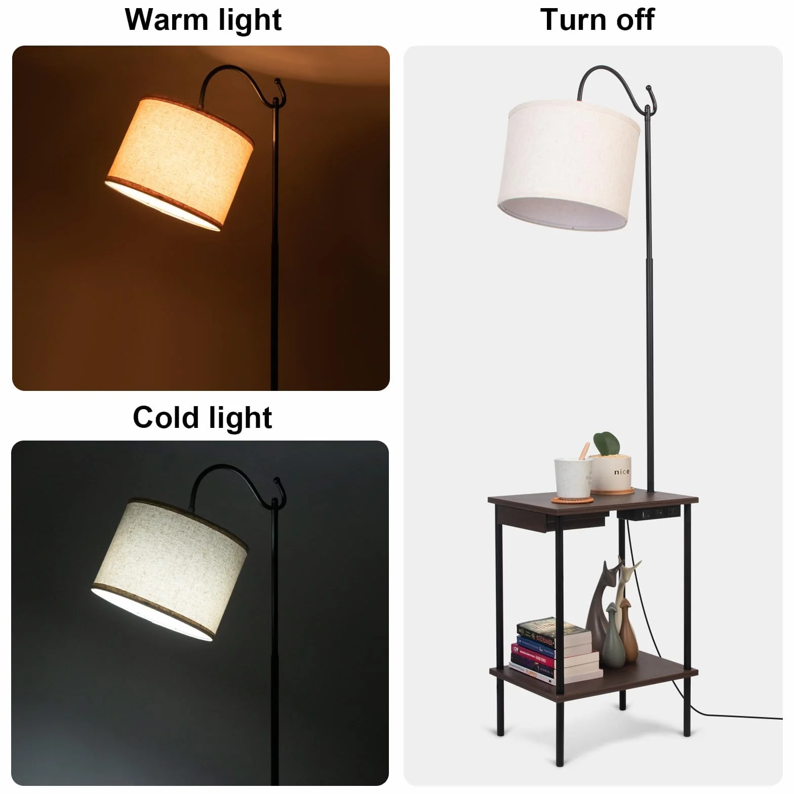 Czarna lampa podłogowa z stolikiem, lampa przemysłowa do salonu z podwójną półką, 2 porty USB, lampa podłogowa do gabinetu, salonu, biura i sypialni