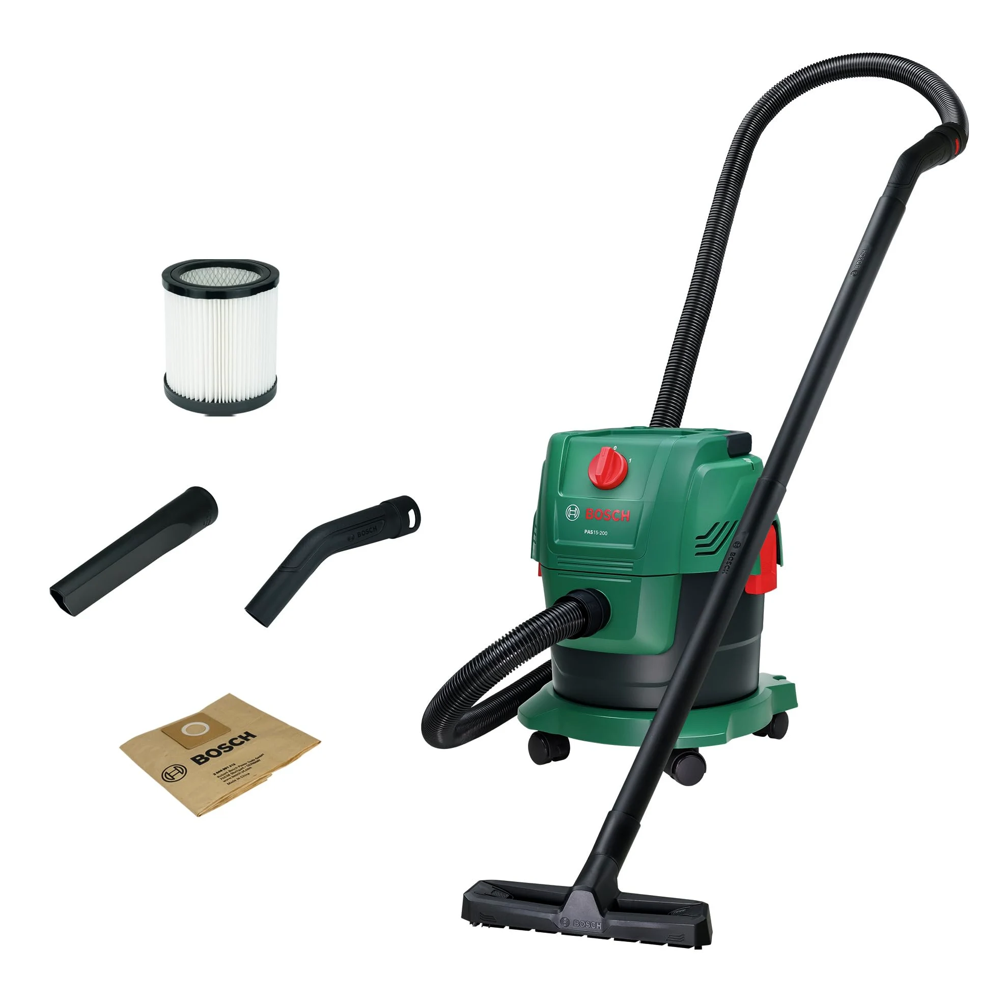 Bosch Odkurzacz do pracy na sucho i mokro Pas15-200 (Rury, Tworzywo Sztuczne, Wąż Odsysający 2,2 M, Uchwyt/Kolanko, Dysza Do Podłóg I Dysza Do Fug, Worek Papierowy, Fsc, Filtr Kartridżowy)