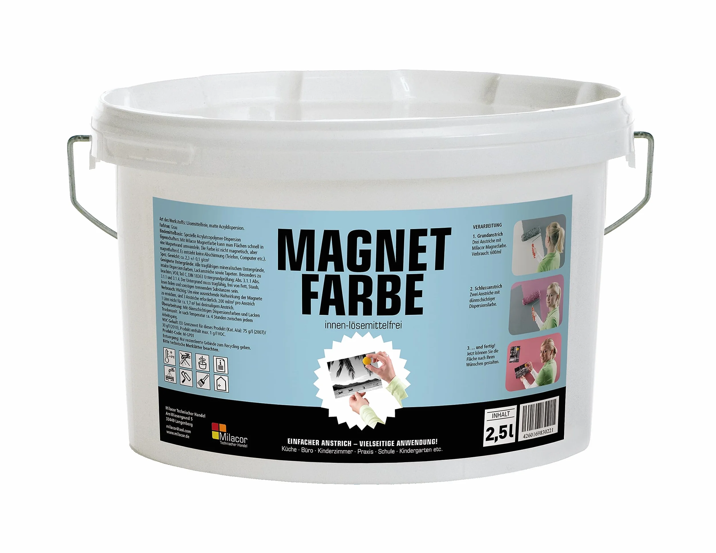 Farba magnetyczna do wnętrz szara – farba ścienna bez rozpuszczalników – możliwość malowania, przyjazna dla środowiska – 2,5 litra