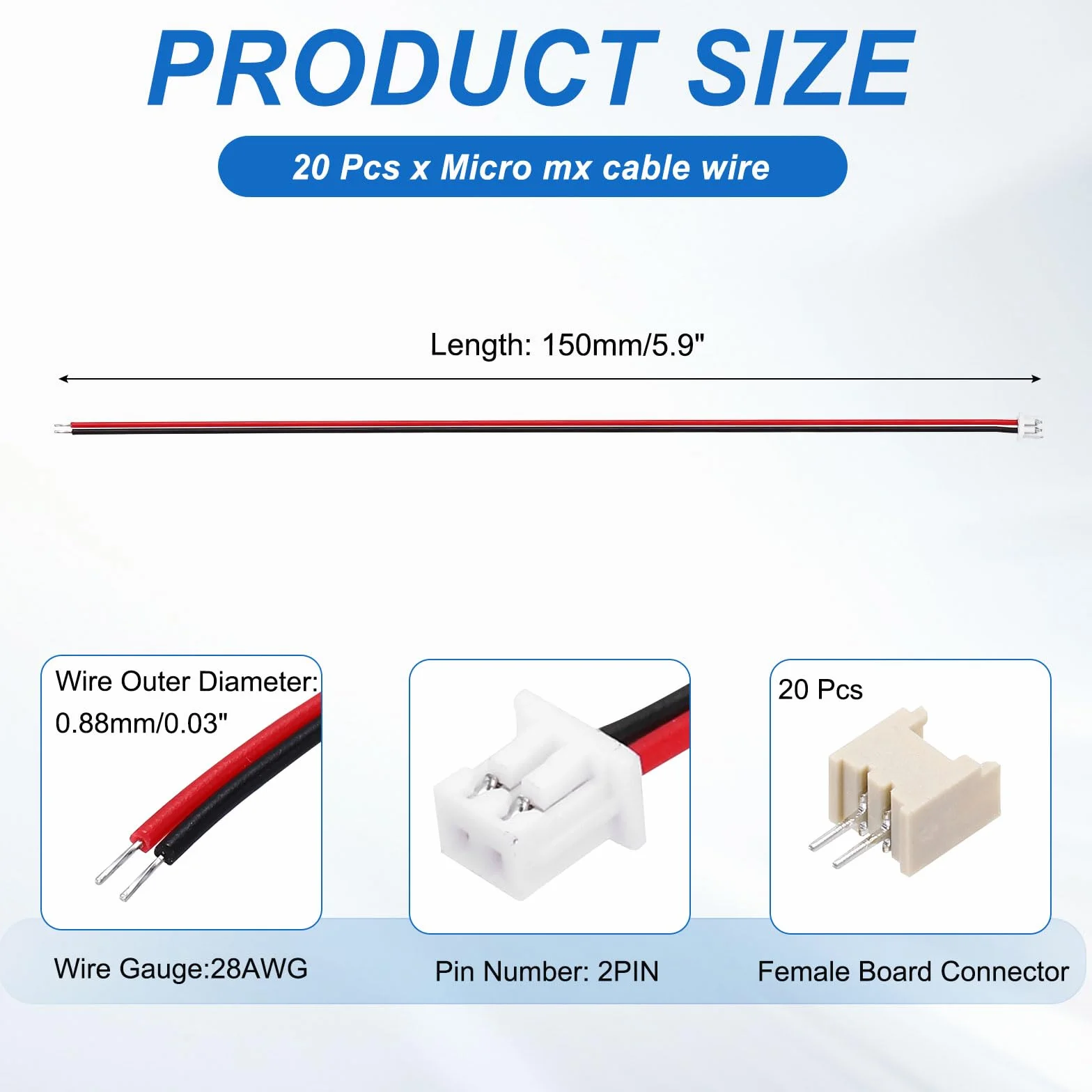 QUARKZMAN 20 sztuk MX 1,25 mm 2-pinowe wtyczki z pojedynczą głowicą z kablem 28 AWG 150 mm i listwą gniazdek do głośników, paski świetlne LED, małe urządzenia