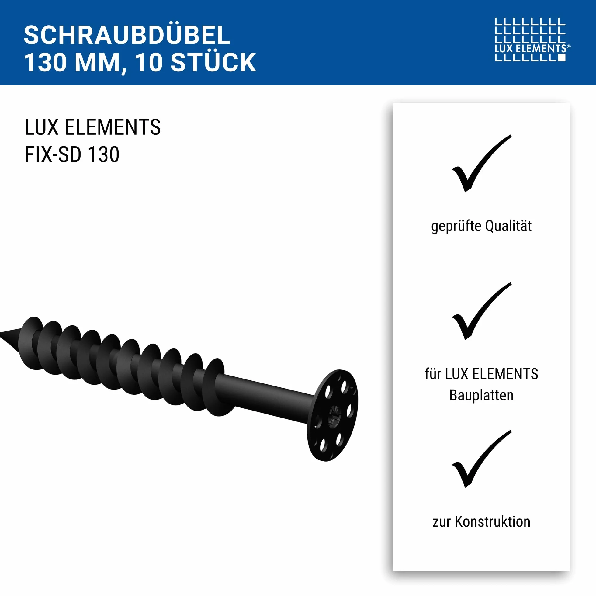 LUX ELEMENTS Kołek śrubowy 13 cm FIX-SD 10 szt. I kołki rozporowe z tworzywa sztucznego z bitem typu PH3 / PH2 / PR2 I kołki talerzowe do budowy narożników, regałów i wielu innych