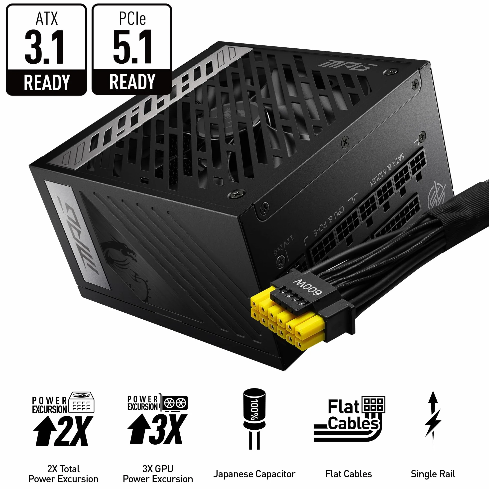 MSI MPG A850G PCIE5 zasilacz sieciowy 850 W 80 Plus Gold w pełni modułowy ATX 3.0 PCIe 5.0 GPU japońskie kondensatory 105°C 0% RPM czarny