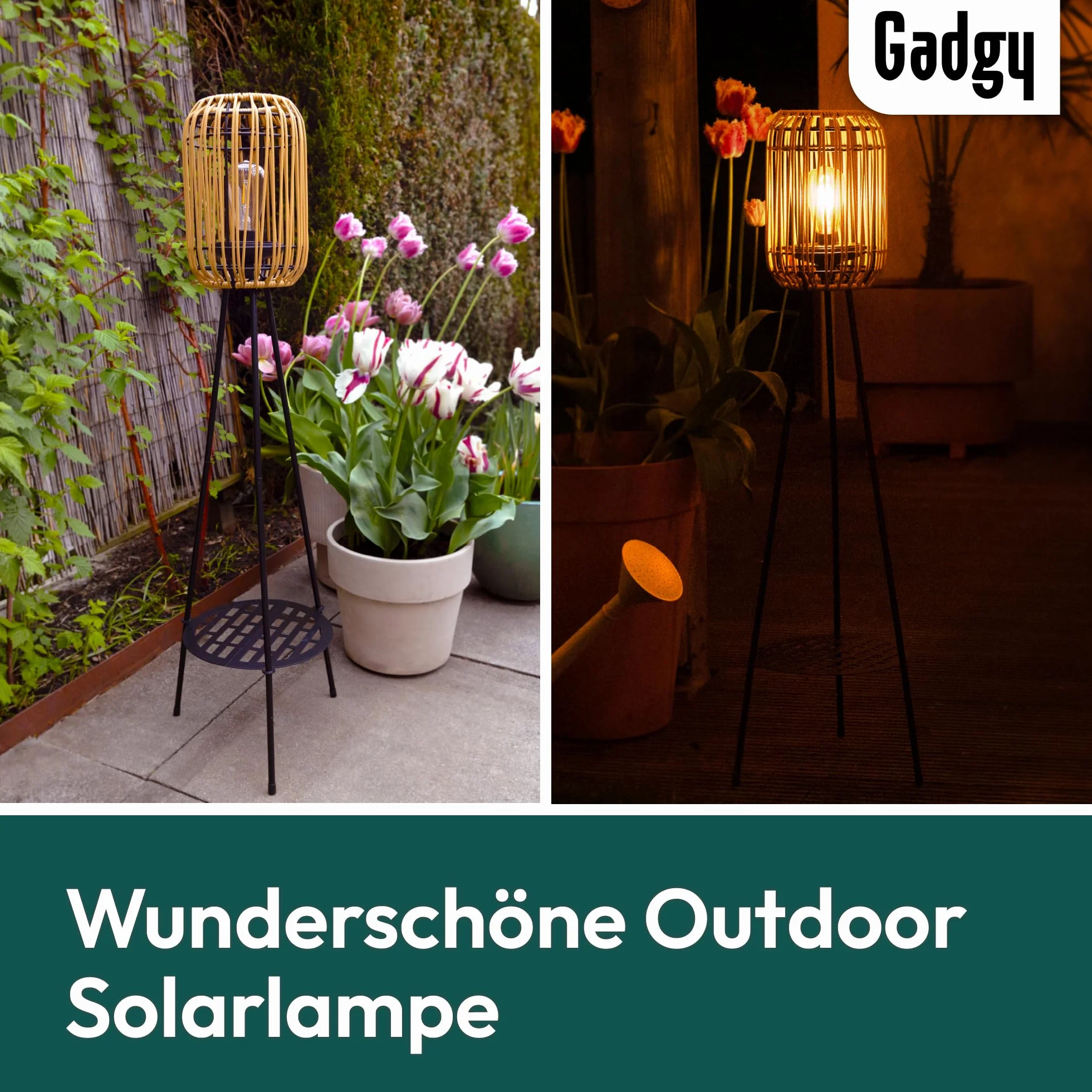 Gadgy Lampa Stojąca Solarna Na Zewnątrz - Rattanowa LED Na Trójnogu, Wodoodporna Lampa Ogrodowa Do Balkonu, Tarasu i Patio, Zrównoważone Dekoracyjne Oświetlenie Zewnętrzne