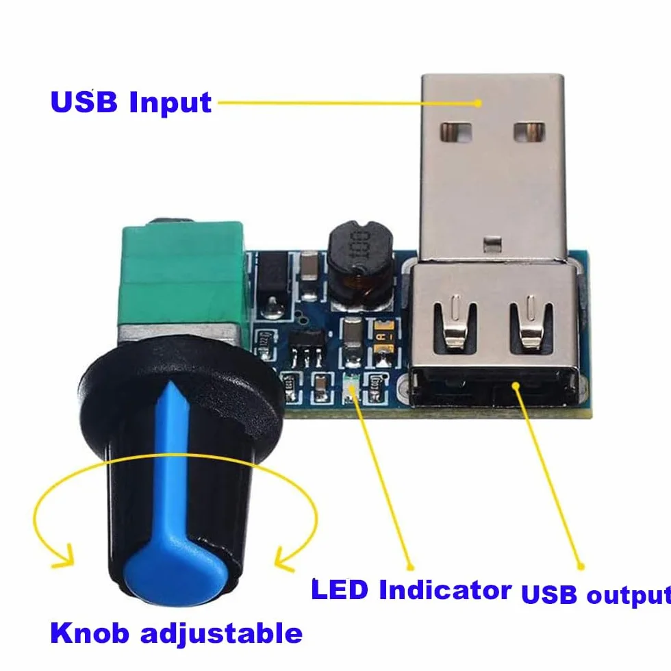 RUNCCI-YUN 4 szt. 5 W USB Regulator prędkości wentylatora, DC 5V bezstopniowy USB Regulator wentylatora DC 5-12 V do 2,5-7,5 V Pokrętło regulacji prędkości regulatora z przełącznikiem