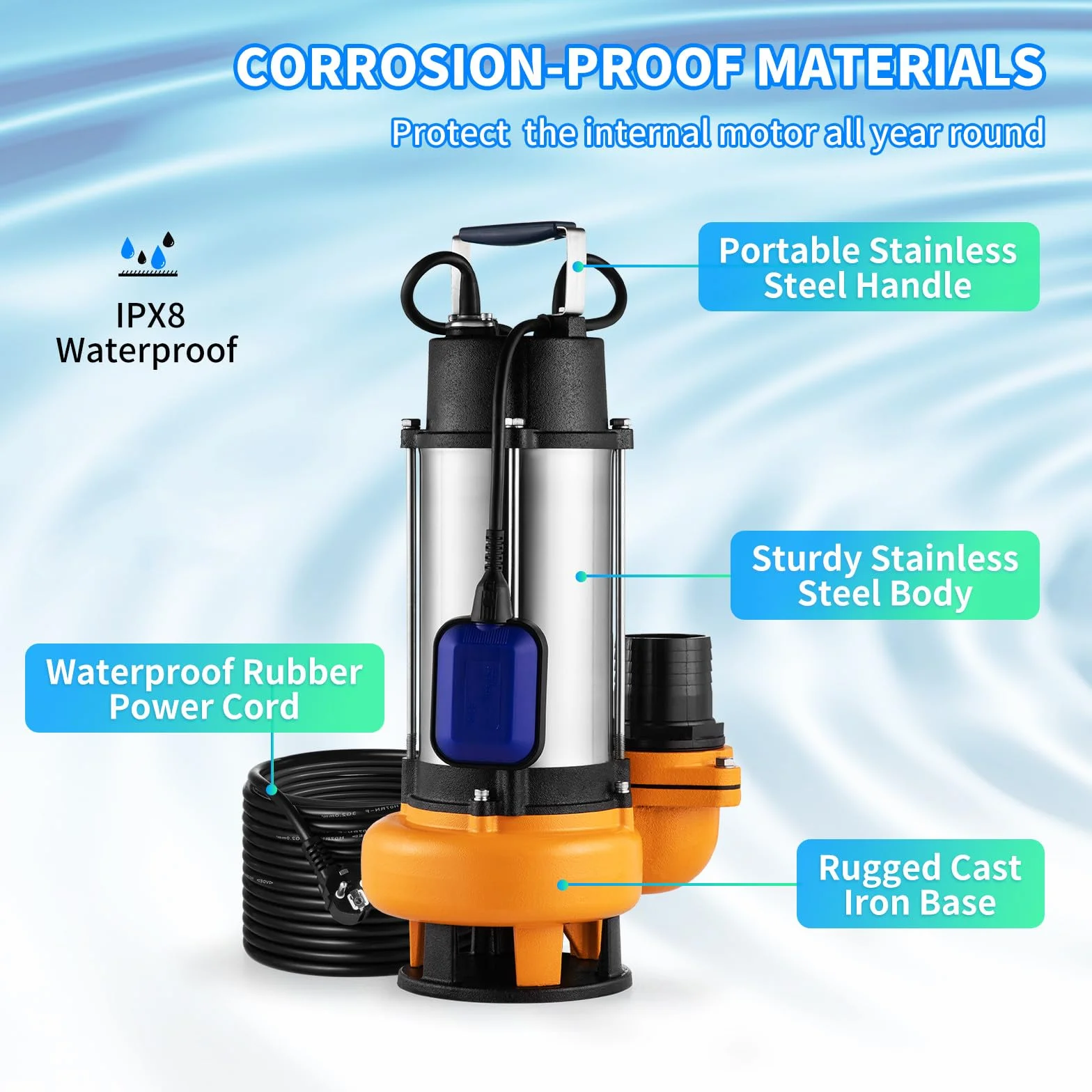 VEVOR 2200 W 3HP, zatapialna pompa do ścieków, maksymalny przepływ 1000 l/min, pompa brudnej wody maksymalne podnoszenie 18 m do basenów, piwnic, stawów