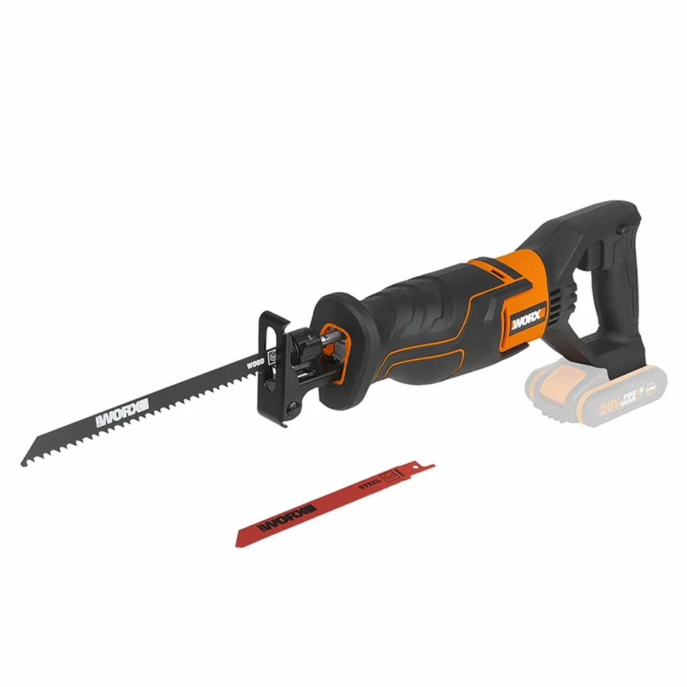 WORX WX500.9 Akumulatorowa Piła Szablasta 20 V, Piła Akumulatorowa do Cięcia Drewna, Pcw, Stali itp., Regulowana Płyta Podstawy, Zmienna Prędkość