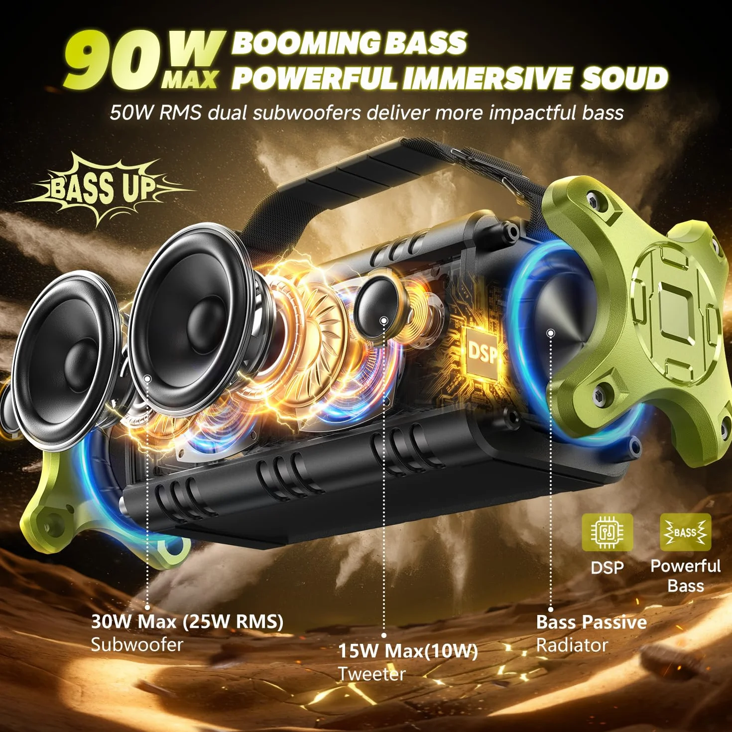 W-KING Przenośny Głośnik Bluetooth 90W Peak 50W, IPX6, Głęboki Bas, Power Bank 40h, NFC/TF/AUX