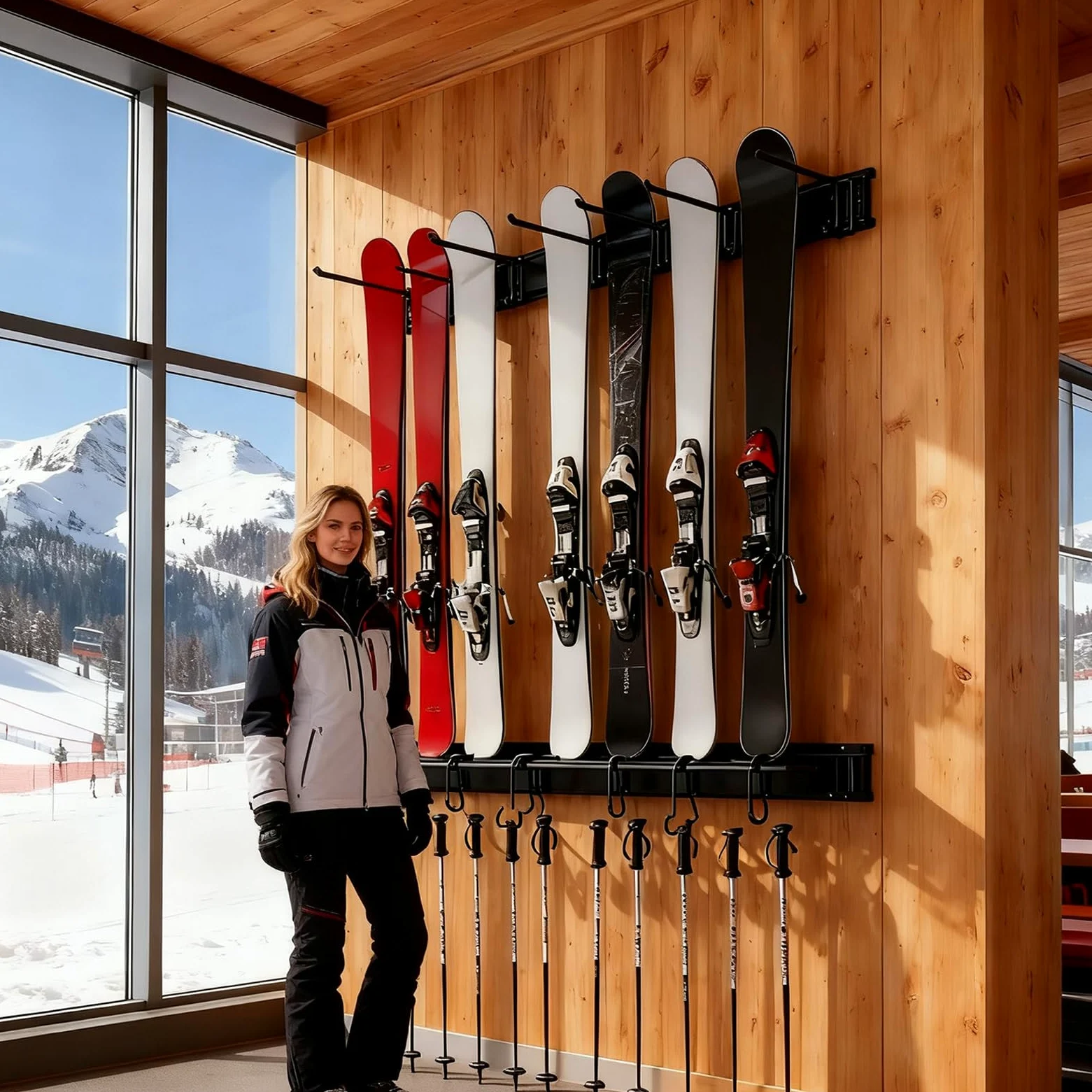 narty do gara?u ?ciennego - z 6 haczykami, wytrzyma?y | antypo?lizgowy, uchwyt snowboardowy montowany ?cianie, sprz?t zimowy, akcesoria sportowe, sprz?t domowy piwnica, szopa